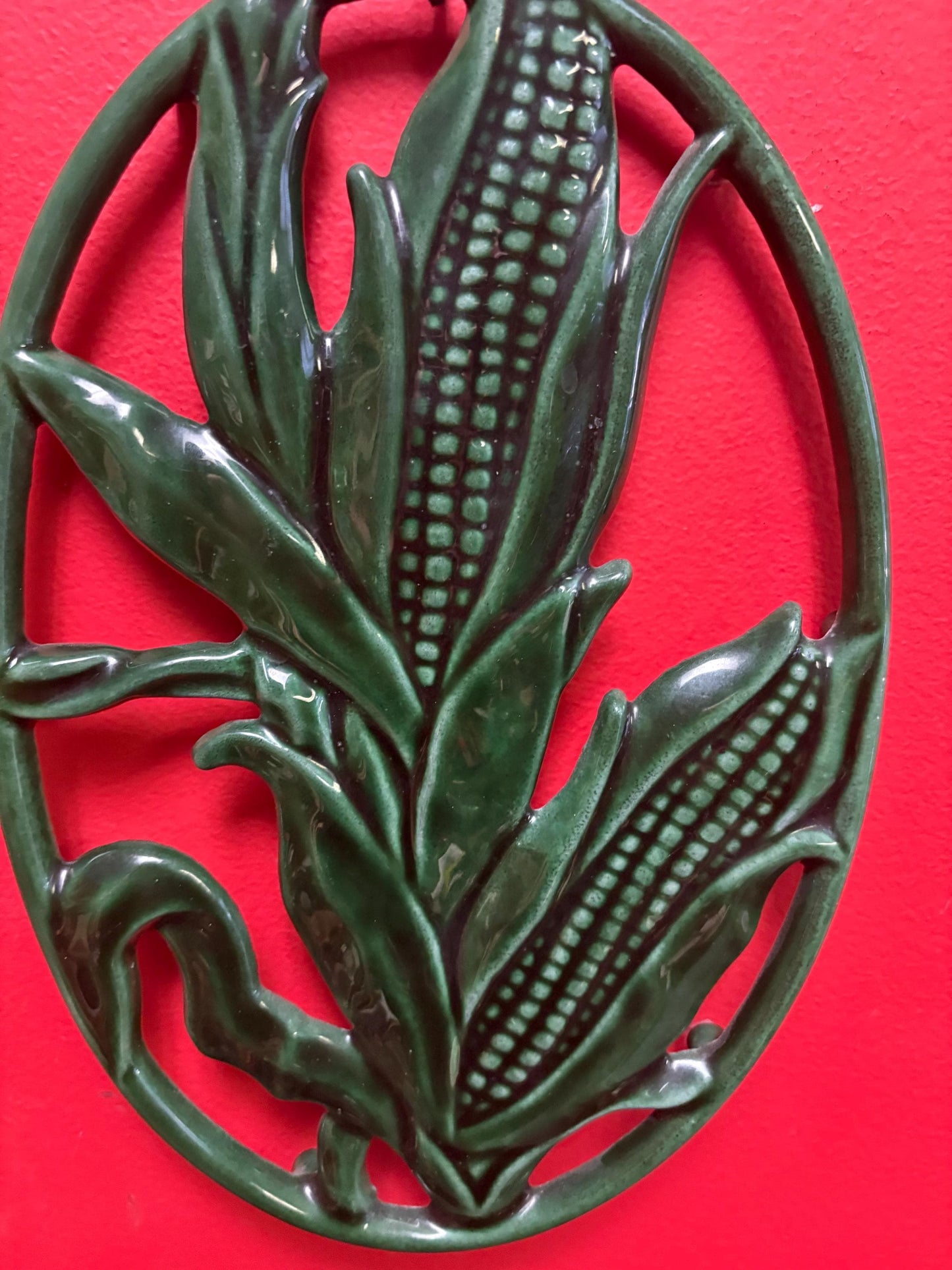 Beautiful French 11 x 8 wide antique INVICTA metal enamelled corn shaped trivet  also hangs  very cool gift
