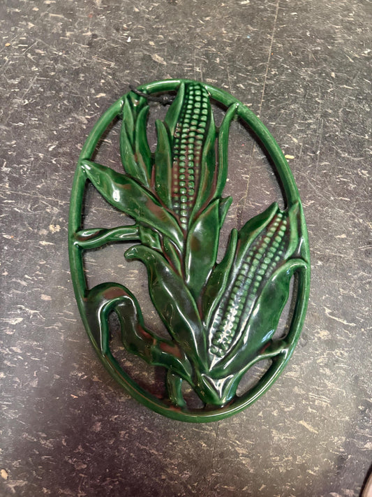 Beautiful French 11 x 8 wide antique INVICTA metal enamelled corn shaped trivet  also hangs  very cool gift