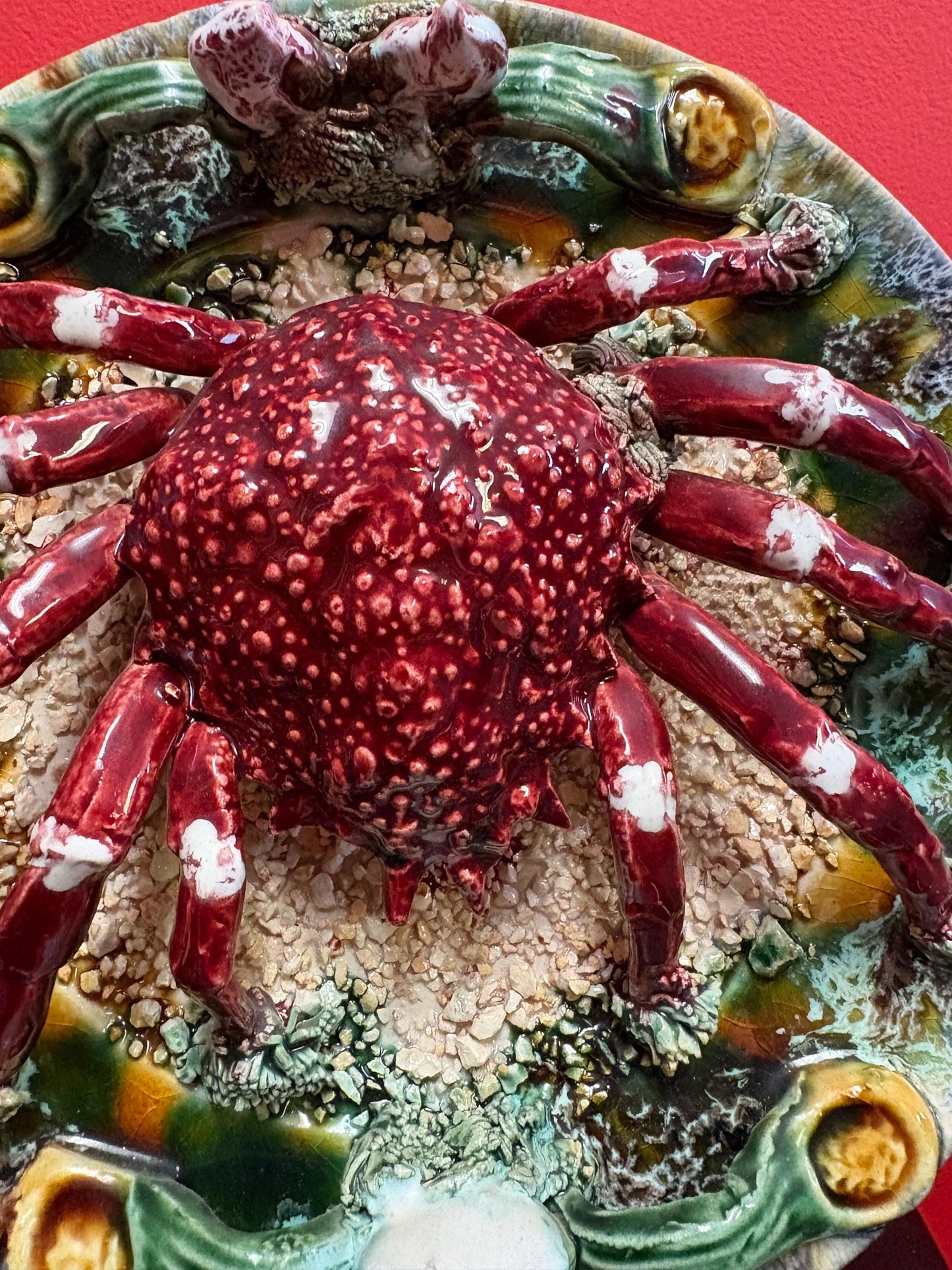 Stunning early 19 century majolica pallisy  Portugal  crab plate in mint condition   wow  10 inches across