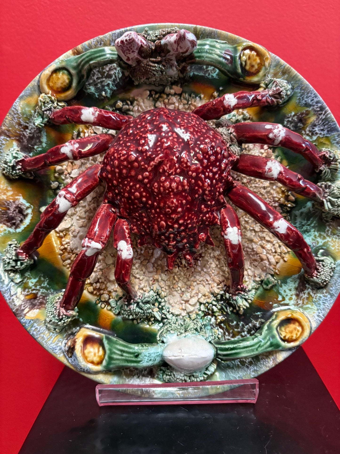 Stunning early 19 century majolica pallisy  Portugal  crab plate in mint condition   wow  10 inches across