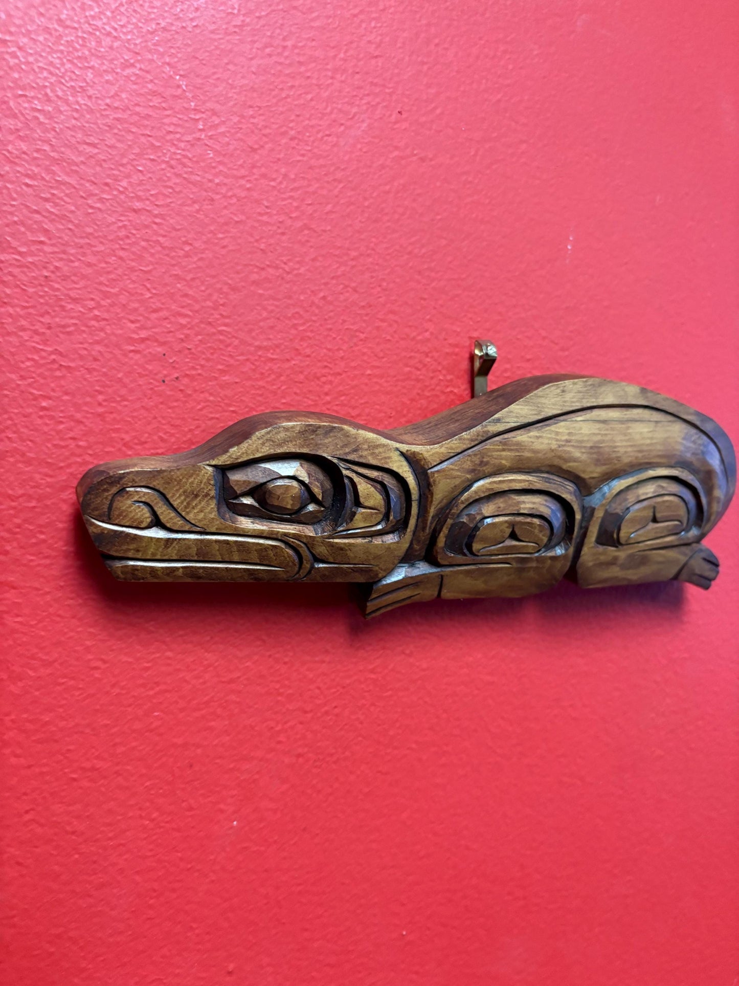 Gino Seward Indigenous First Nations cedar 9 x 3 inch frog plaque wonderful detail -