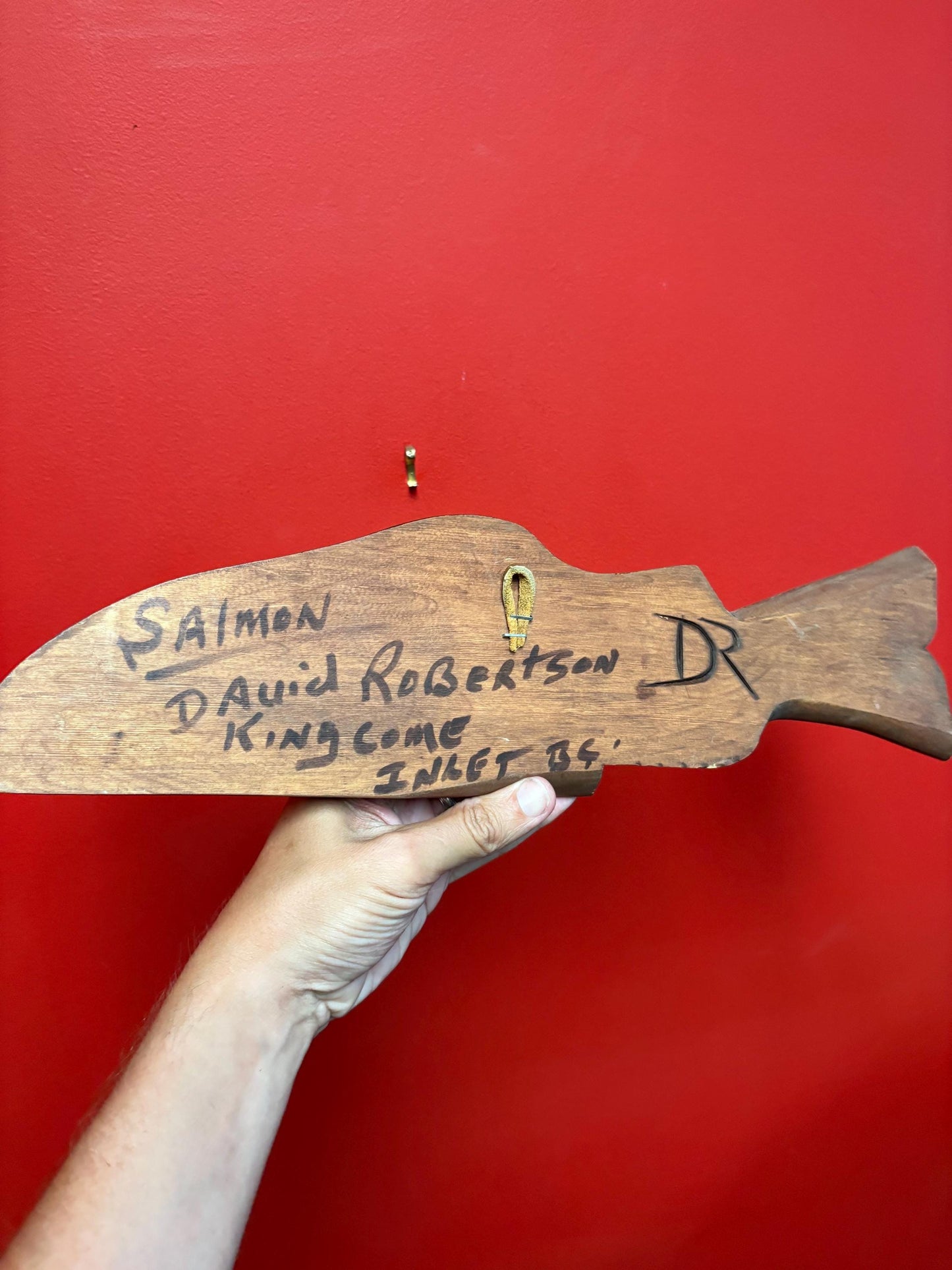 Beautiful 18 inch long polychrome painted cedar salmon by David Robertson  indigenous first nation pacific  north West Coast beauty