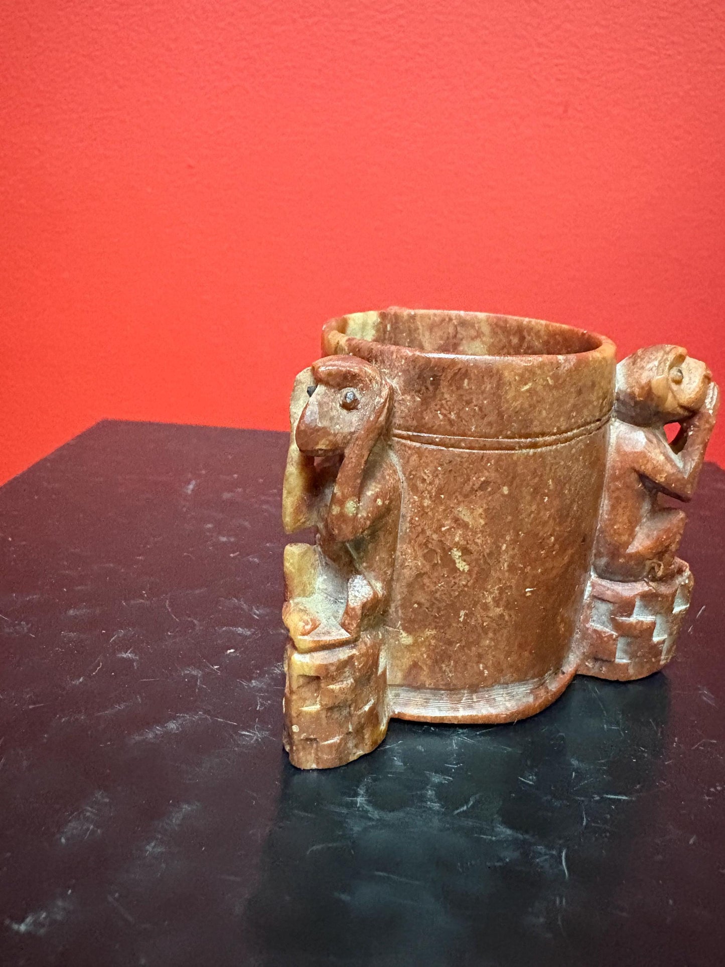 Lovely 1930s Chinese stone monkey pot 2 inches high  representing the three no evils  great value