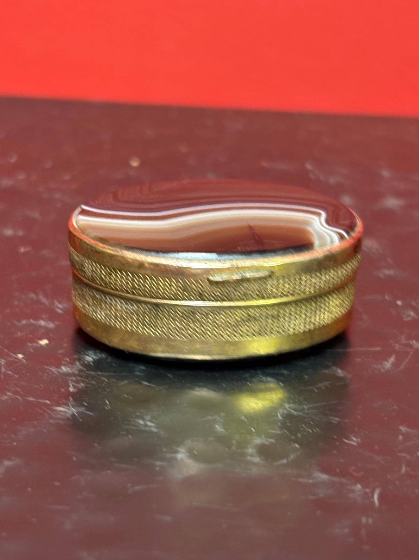 Stunning late 19 century French agate and brass box  1.5 inches across .5 inches high its absolutely beautiful and in perfect condition