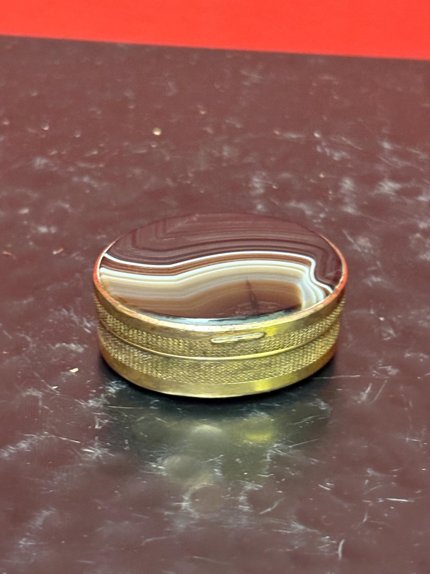 Stunning late 19 century French agate and brass box  1.5 inches across .5 inches high its absolutely beautiful and in perfect condition