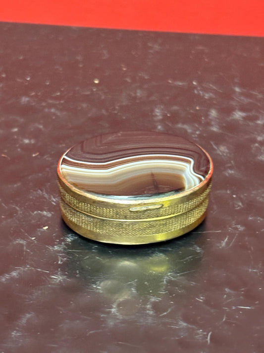 Stunning late 19 century French agate and brass box  1.5 inches across .5 inches high its absolutely beautiful and in perfect condition