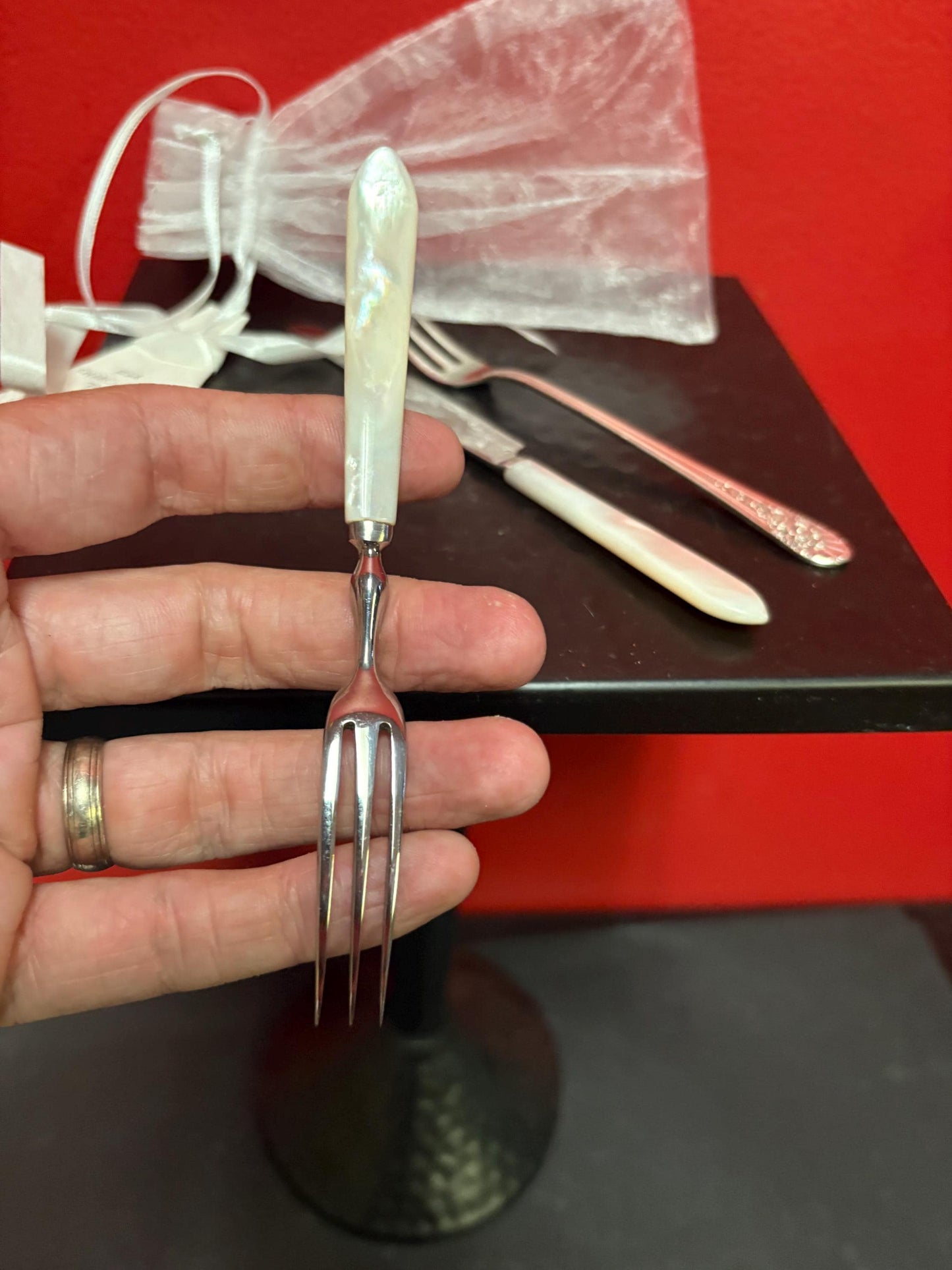 Beautiful English silver CHARCUTERIE knife and forks with mother of pearl handles  5 inches long  great gift