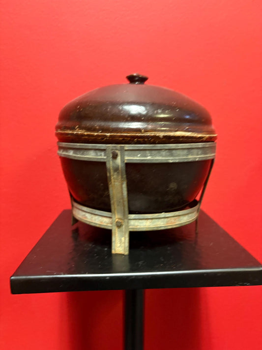 Stunning 19 century 7 x 6 wide Chinese soy glazed pot in metal cage  signed on bottom  great condition  value priced