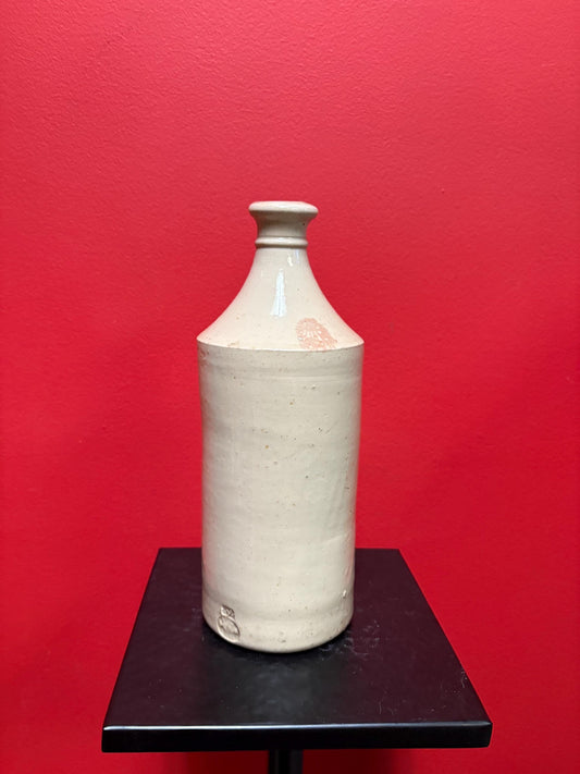 Beautiful 19 century English stoneware jug in good condition with interesting stamps  approximately 11 inches tall  unique