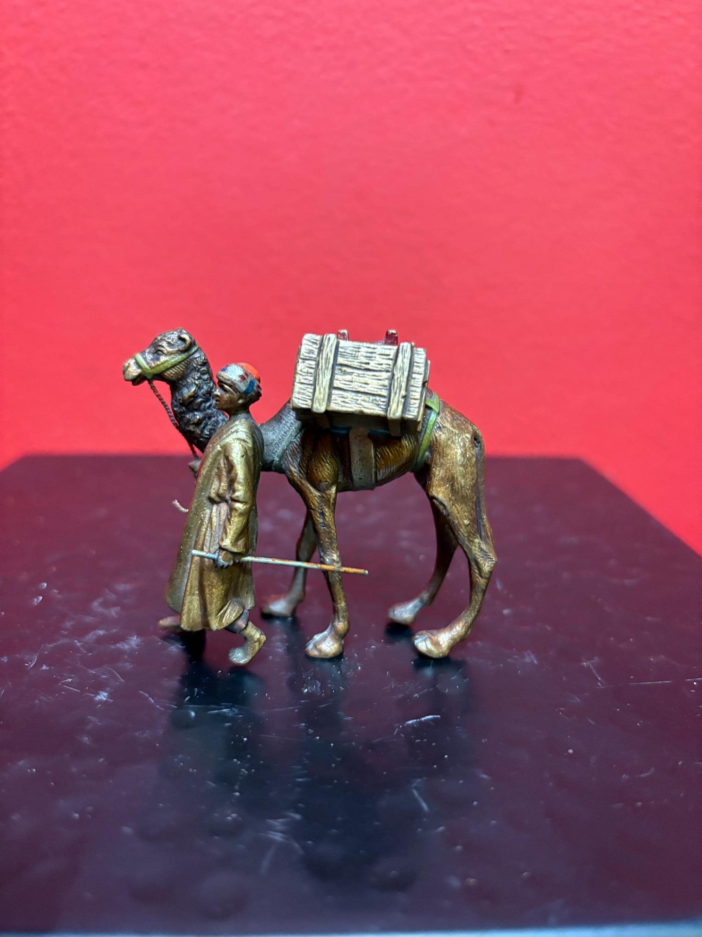 Beautiful Franz Bergman antique cold painted Austrian bronze statue of a man with a camel  wonderful condition  and detail  authentic-  B