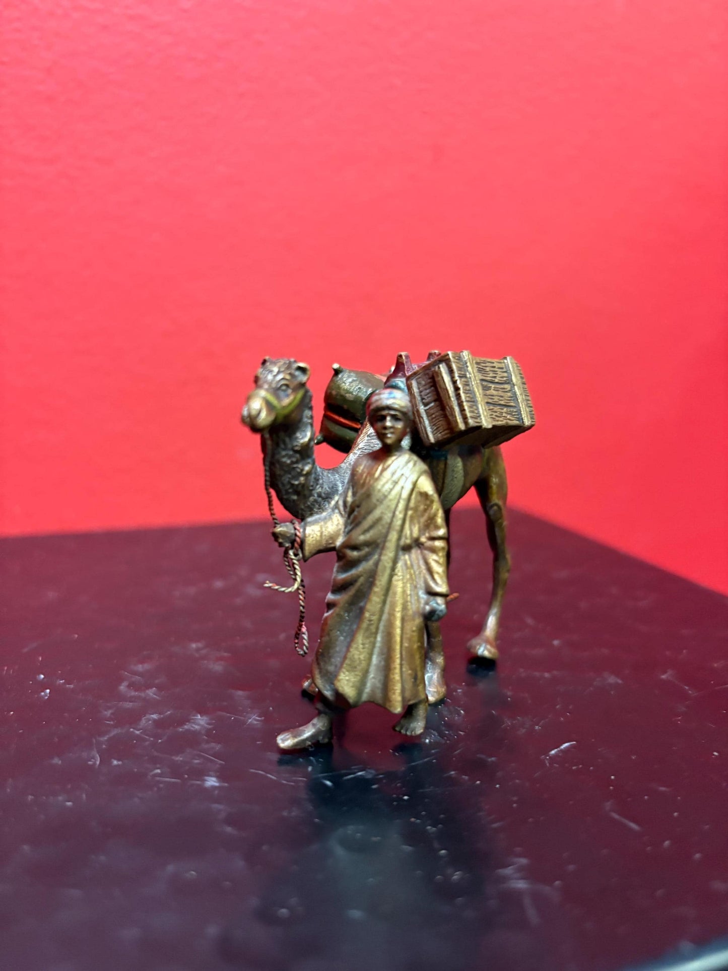 Beautiful Franz Bergman antique cold painted Austrian bronze statue of a man with a camel  wonderful condition  and detail  authentic-  B