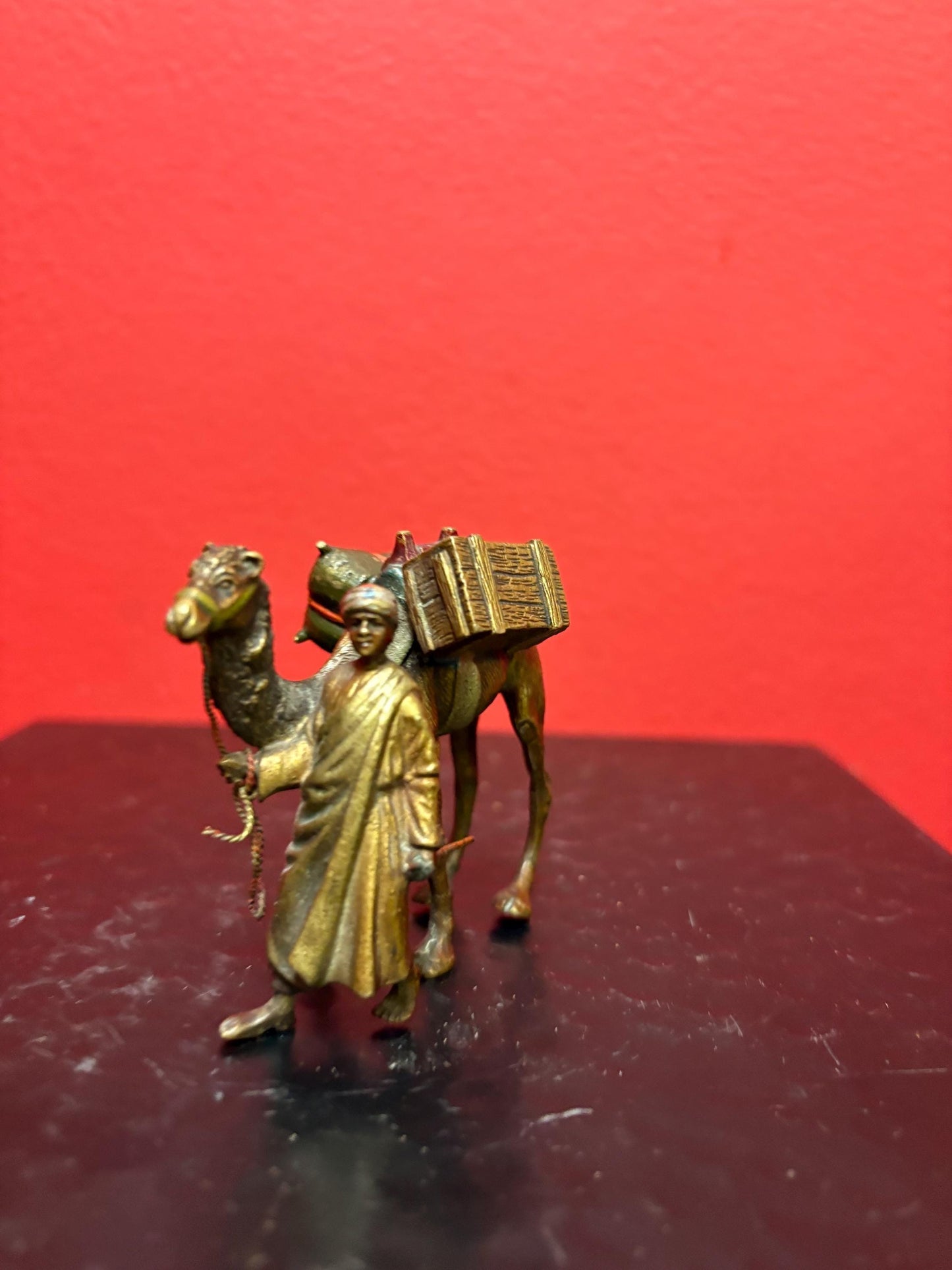 Beautiful Franz Bergman antique cold painted Austrian bronze statue of a man with a camel  wonderful condition  and detail  authentic-  B