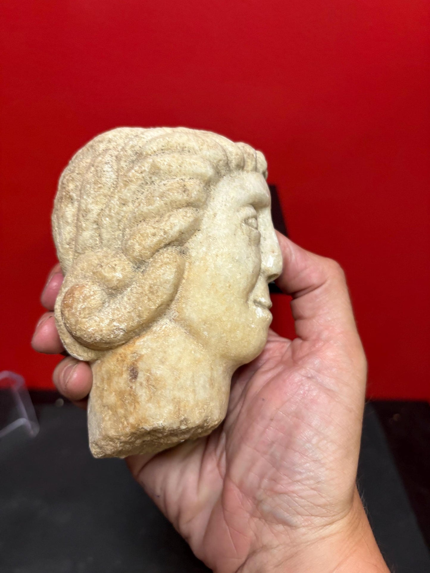 Museum quality 5 inch long Roman stone head  4 to 600 A.D. amazing condition  one of  a kind