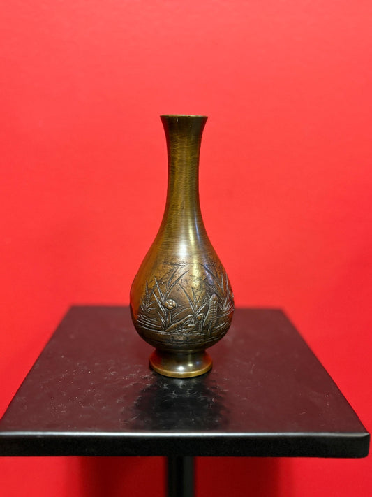 Beautiful antique Japanese meji  Bronze vase  6.25 inches tall with amazing patina  great heron motif   beautiful gift -