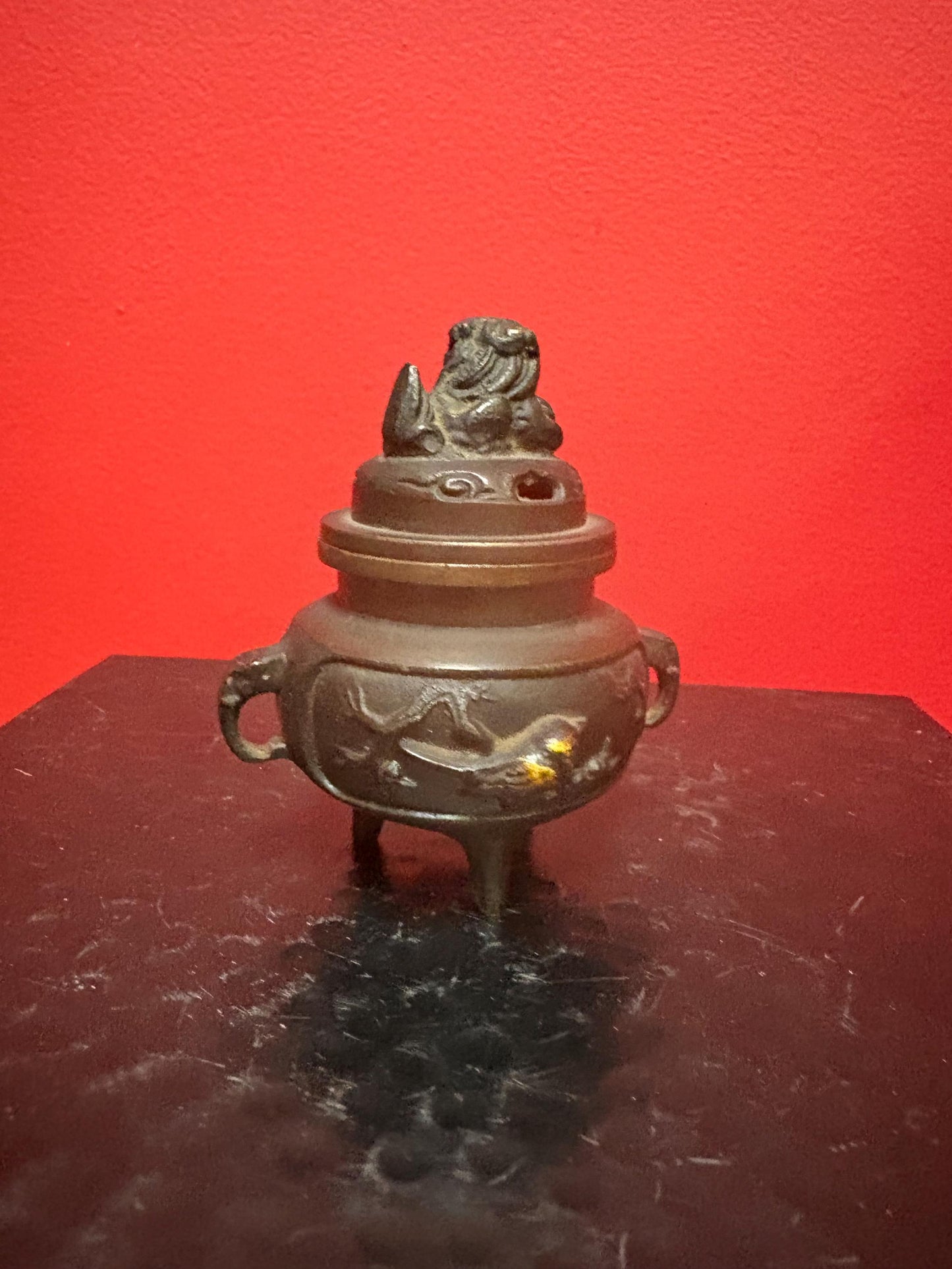 Beautiful small  antique Japanese incense burner with food dog finale  3.5 inches tall  wonderful condition and great patina - good price