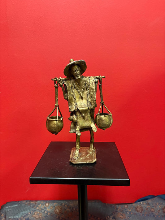 Gorgeous African bronze statue of a man carrying buckets  old piece with great patina  9 1/2 inches tall  great gift