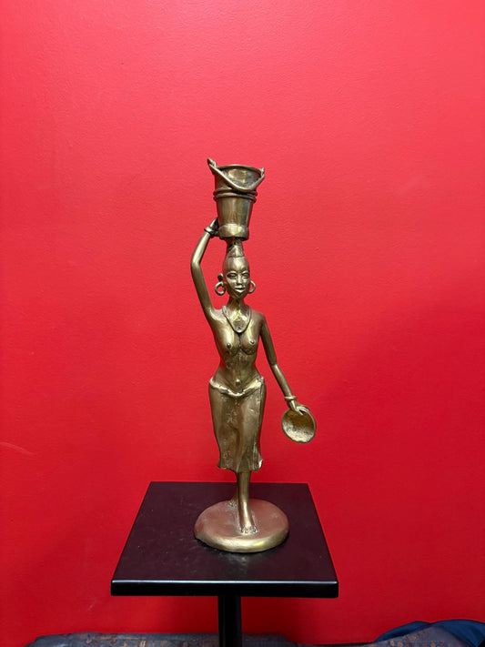 Beautiful African bronze statue of a woman carrying a bucket  great patina  14 inches tall  older piece  wow