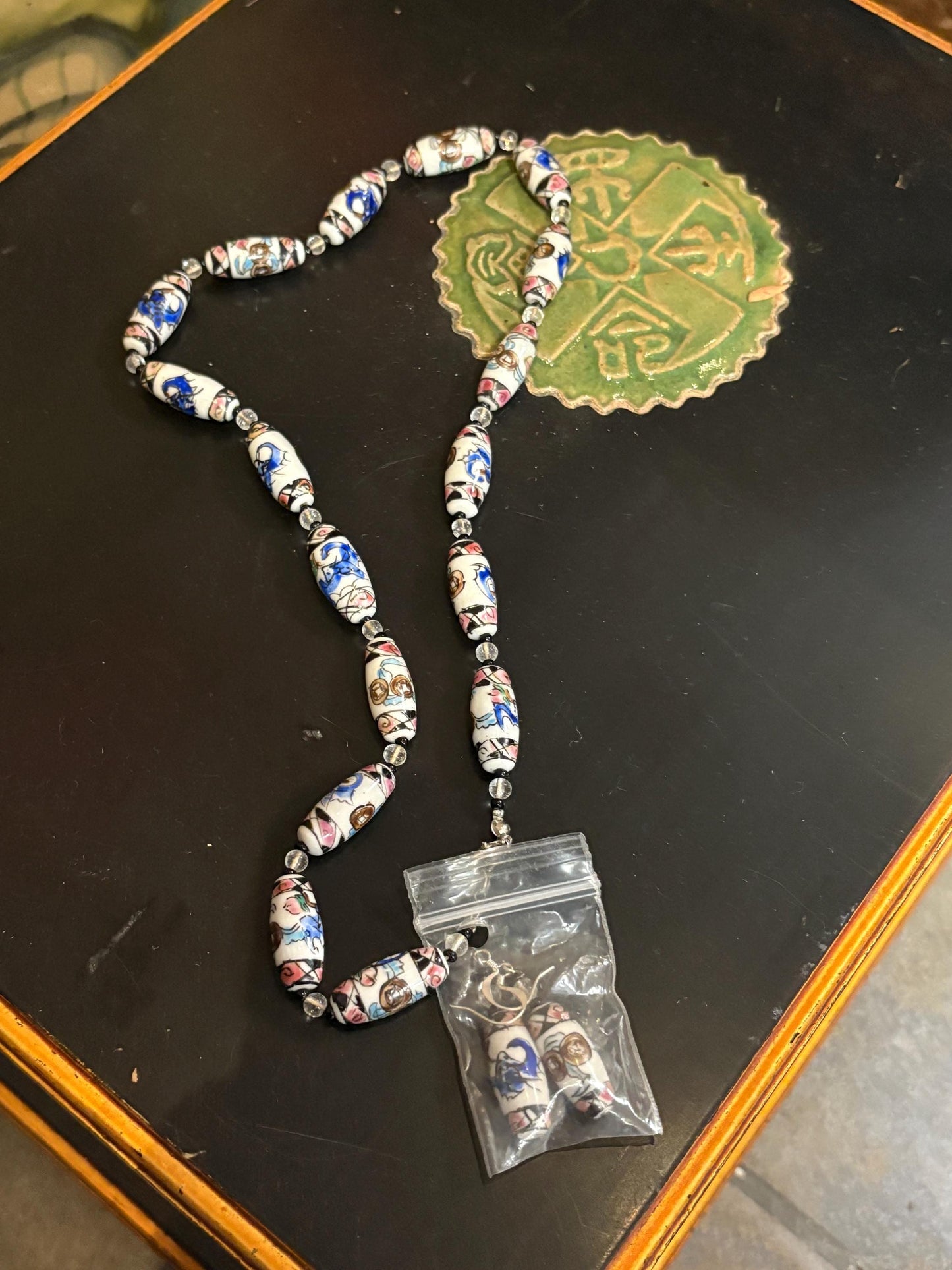 Beautiful approximately 21 inch long  European hand painted porcelain bead necklace with earrings  great value and great gift