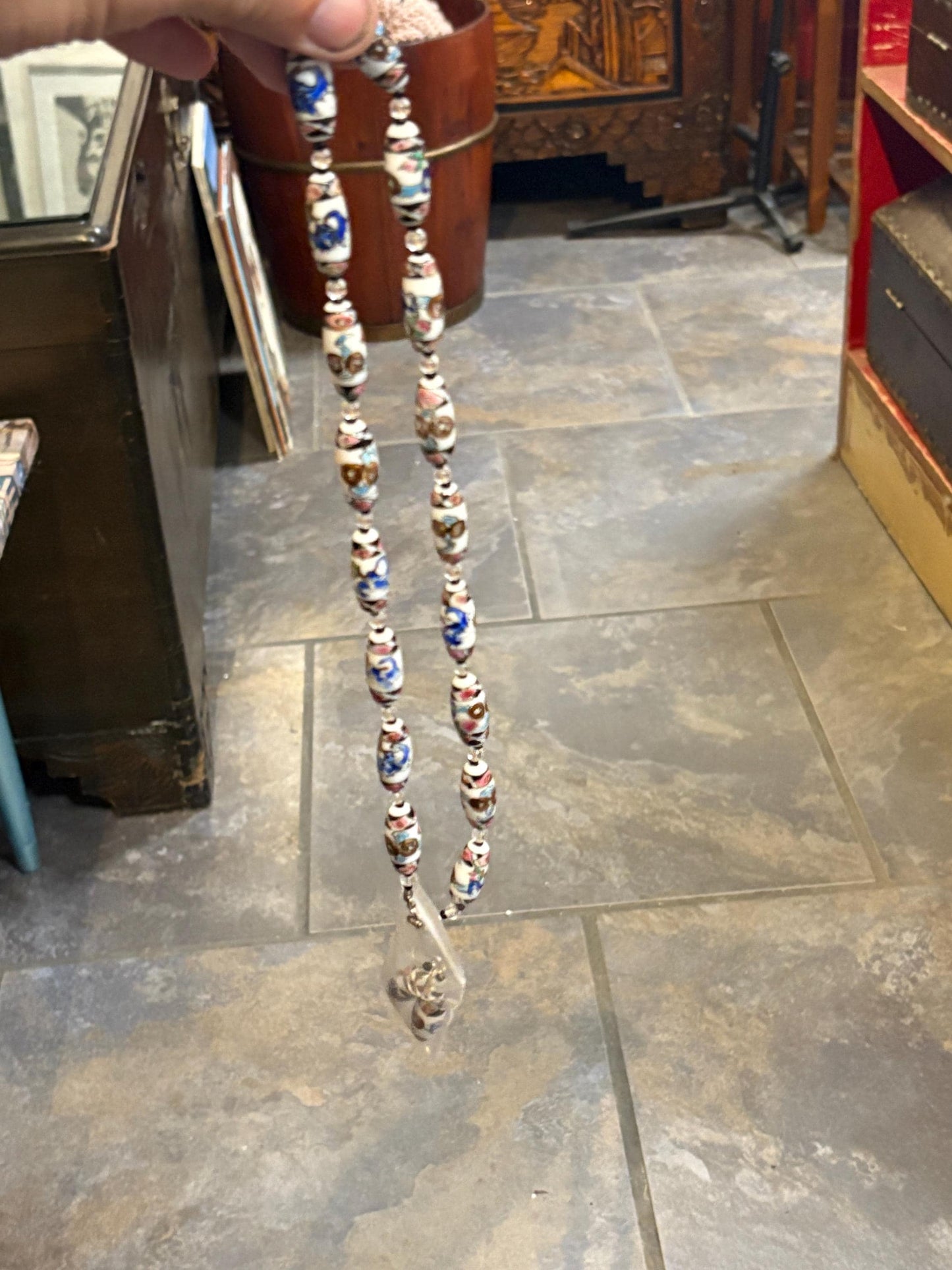 Beautiful approximately 21 inch long  European hand painted porcelain bead necklace with earrings  great value and great gift
