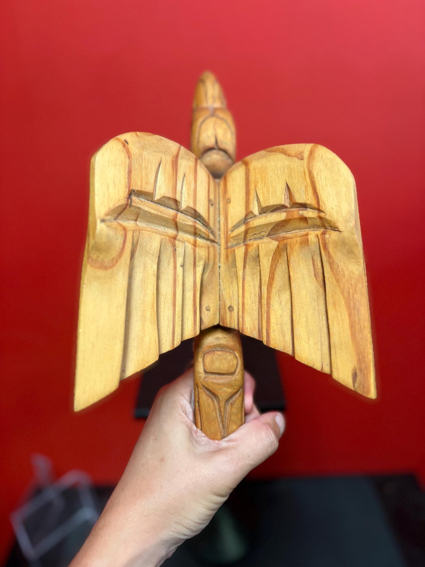 Beautiful 14 x 6 inch high cedar bird rattle with abalone eye indigenous first nations Pacific West Coast - unusual  sound   great value