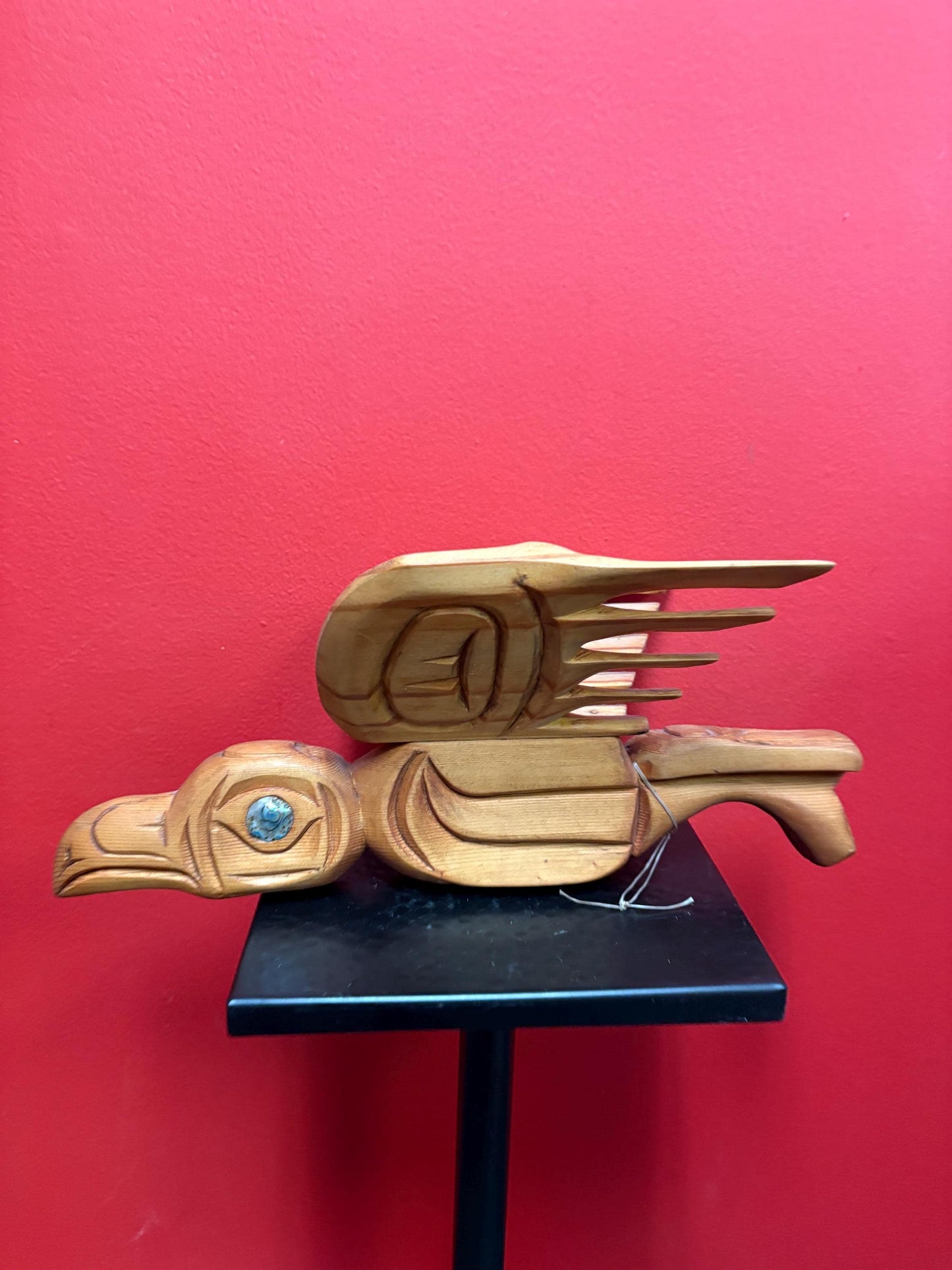 Beautiful 14 x 6 inch high cedar bird rattle with abalone eye indigenous first nations Pacific West Coast - unusual  sound   great value