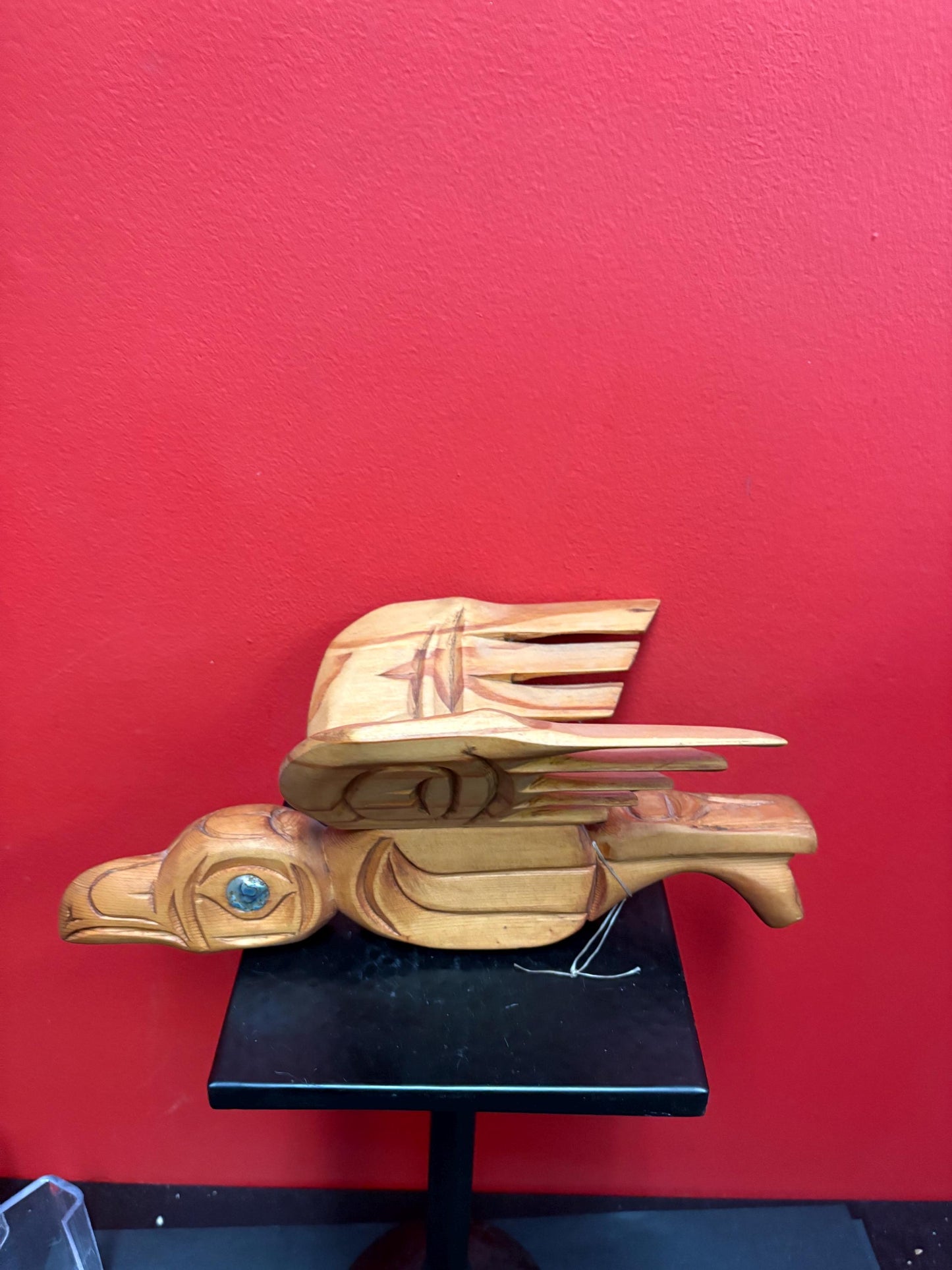 Beautiful 14 x 6 inch high cedar bird rattle with abalone eye indigenous first nations Pacific West Coast - unusual  sound   great value