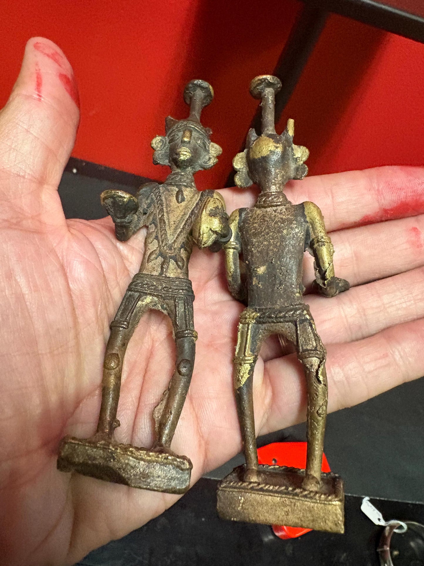 Pair Dhokra West Bengal Ancestor Figures (19th century) - 5.25 inches high  great antique condition  wonderful value