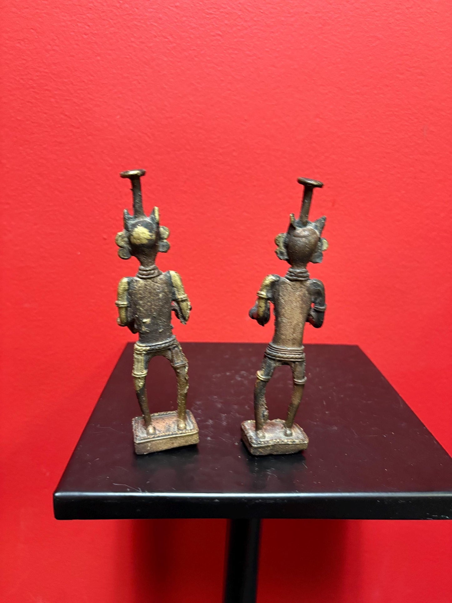 Pair Dhokra West Bengal Ancestor Figures (19th century) - 5.25 inches high  great antique condition  wonderful value