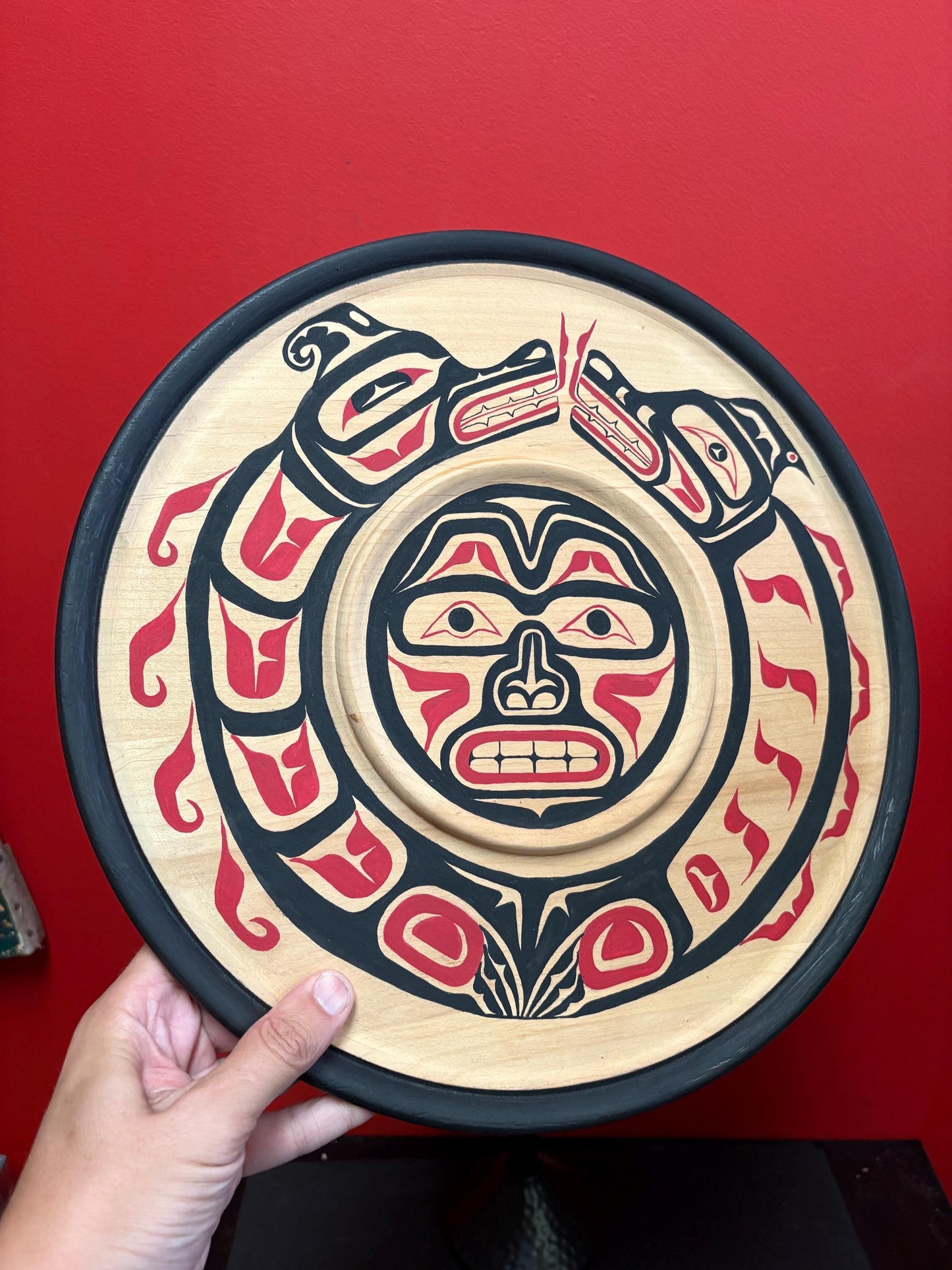 stunning 15.5 inch indigenous First Nations Pacific Northwest coast cedar  plaque detecting Sisiuti  signed  info on back  needs hanger