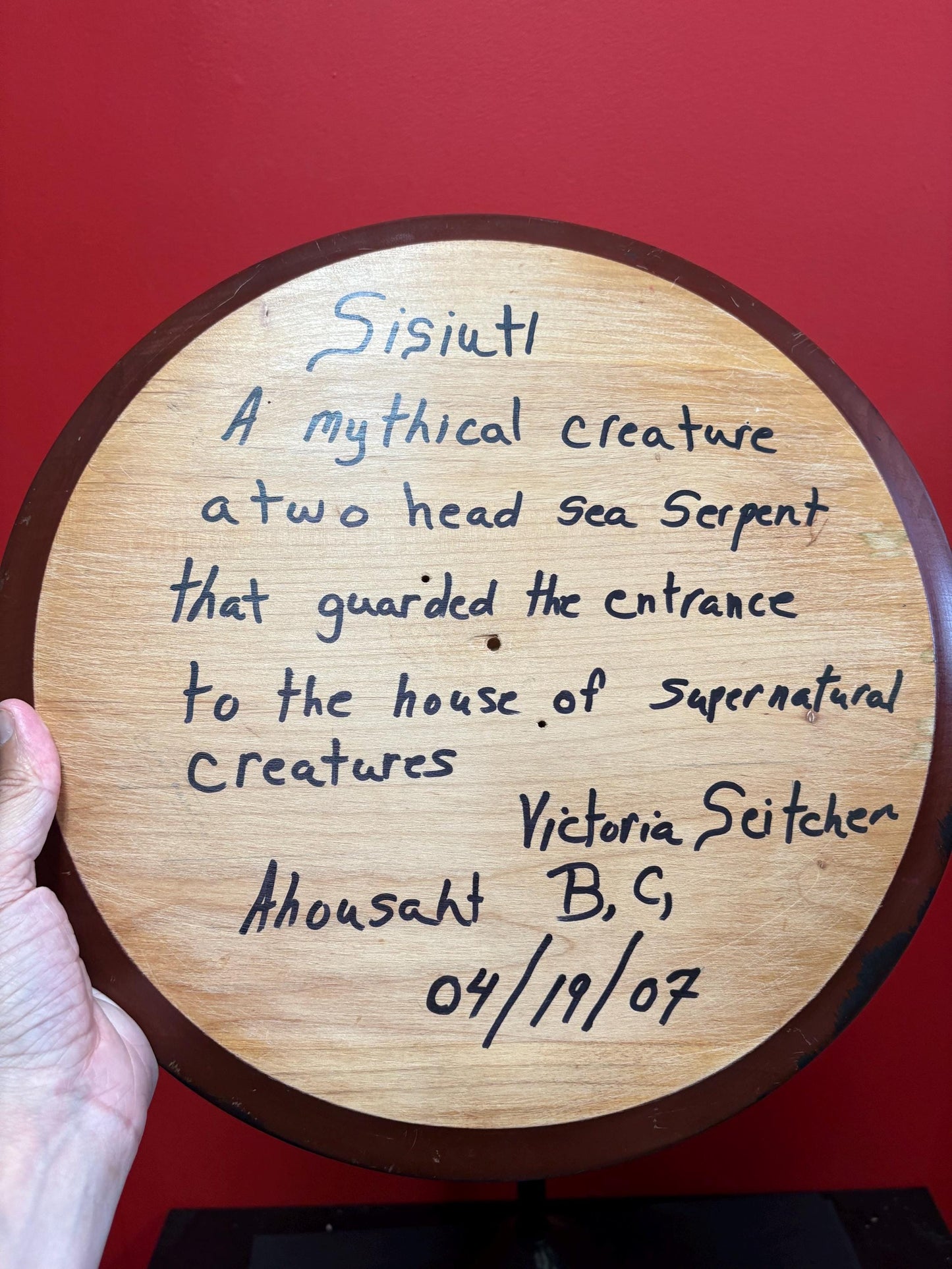 stunning 15.5 inch indigenous First Nations Pacific Northwest coast cedar  plaque detecting Sisiuti  signed  info on back  needs hanger