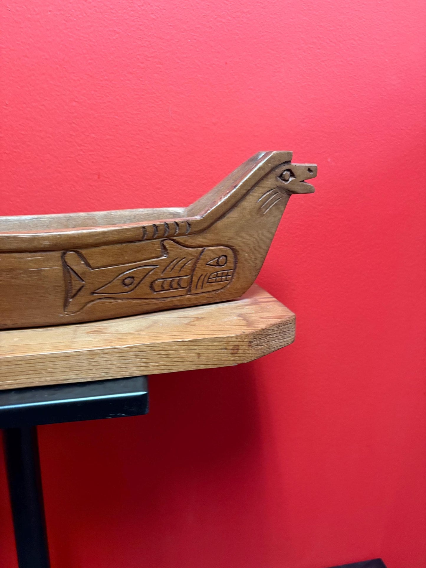 stunning indigenous First Nations Haida  carved cedar canoe on base signed by Steve August  great detail - comes with oars   15 x 5 x 4 in