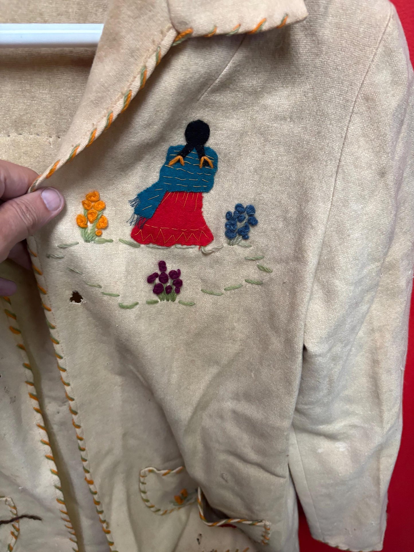 Beautiful antique Mexican leather and woven  jacket 30 inch tall and 16 inch across chest approximately  some tiny holes