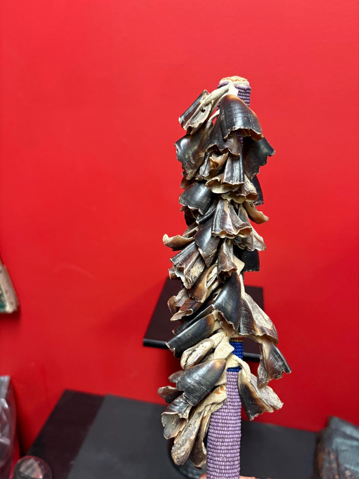 Indigenous approximately 22 inch long beaded rattle with horn  nice sound  unique piece  indigenous first nations  gift alert