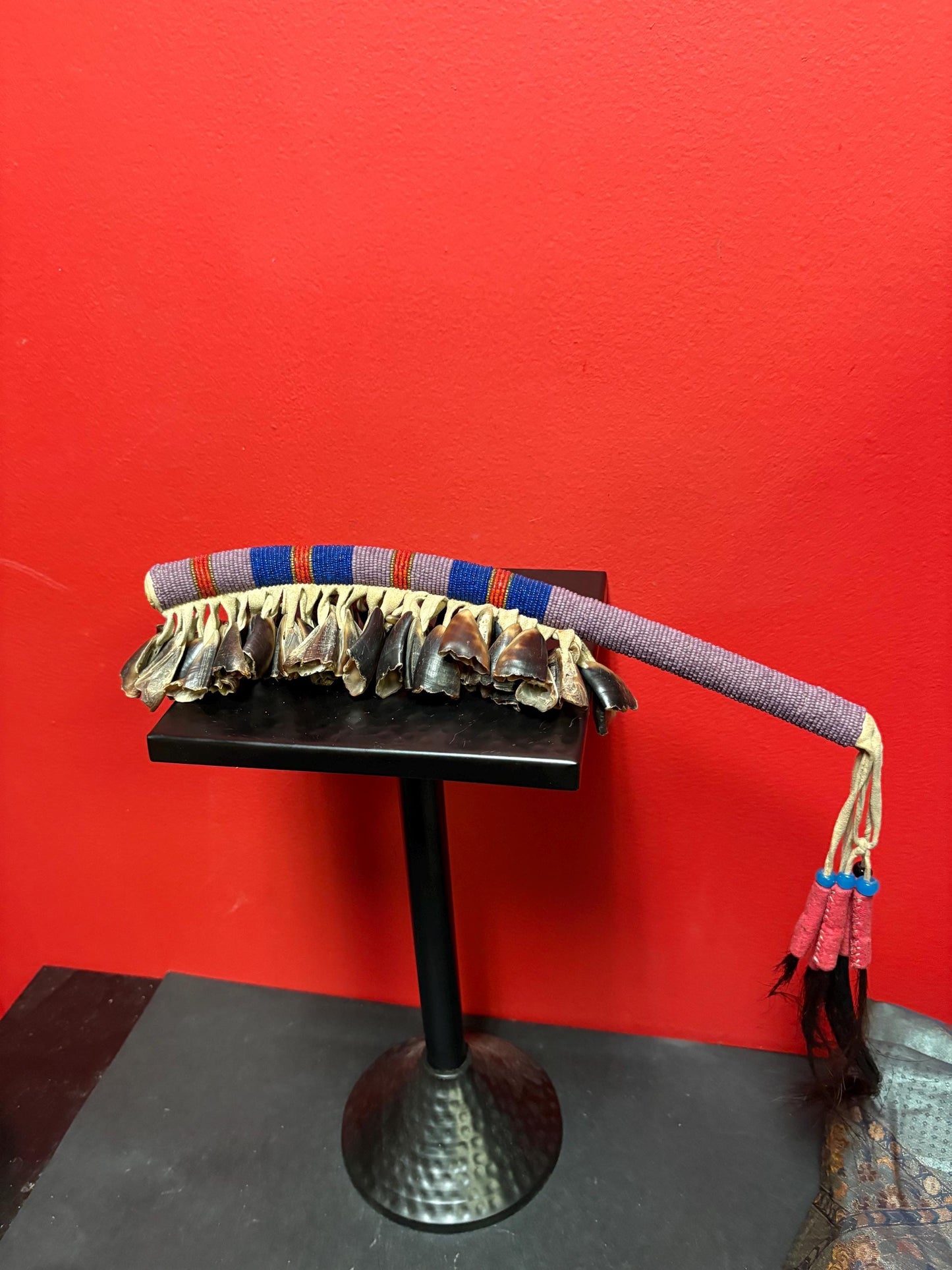 Indigenous approximately 22 inch long beaded rattle with horn  nice sound  unique piece  indigenous first nations  gift alert