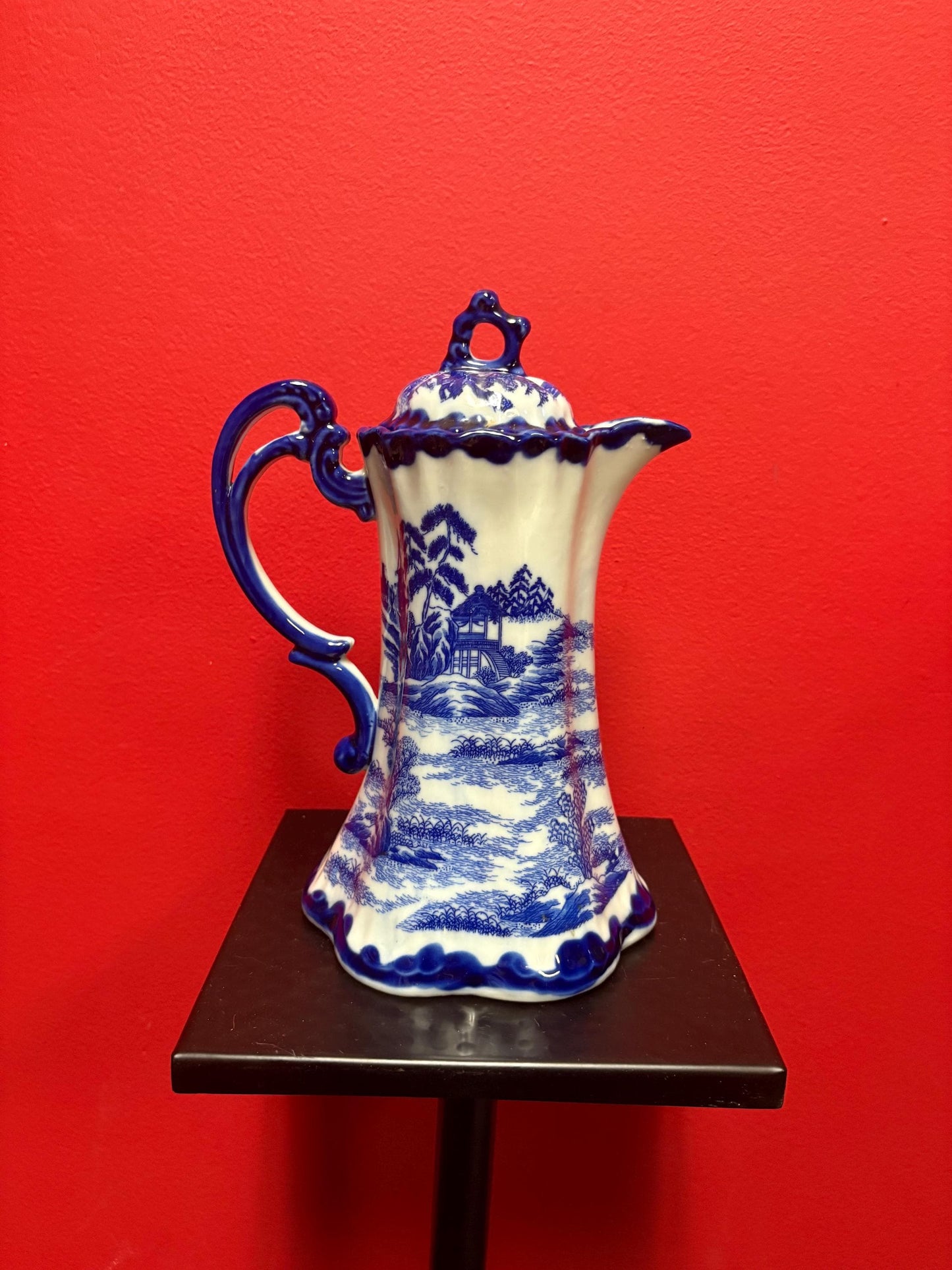 beautiful  antique Japanese 9 1/2 inch tall, blue and white coffee or hot chocolate pot  wonderful imagery and great value