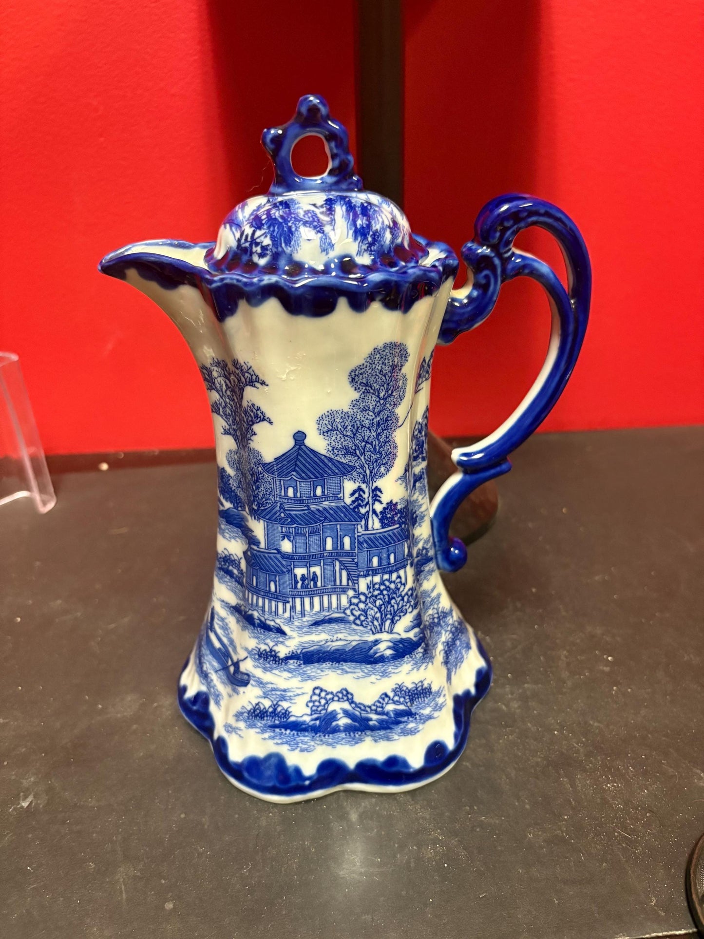 beautiful  antique Japanese 9 1/2 inch tall, blue and white coffee or hot chocolate pot  wonderful imagery and great value