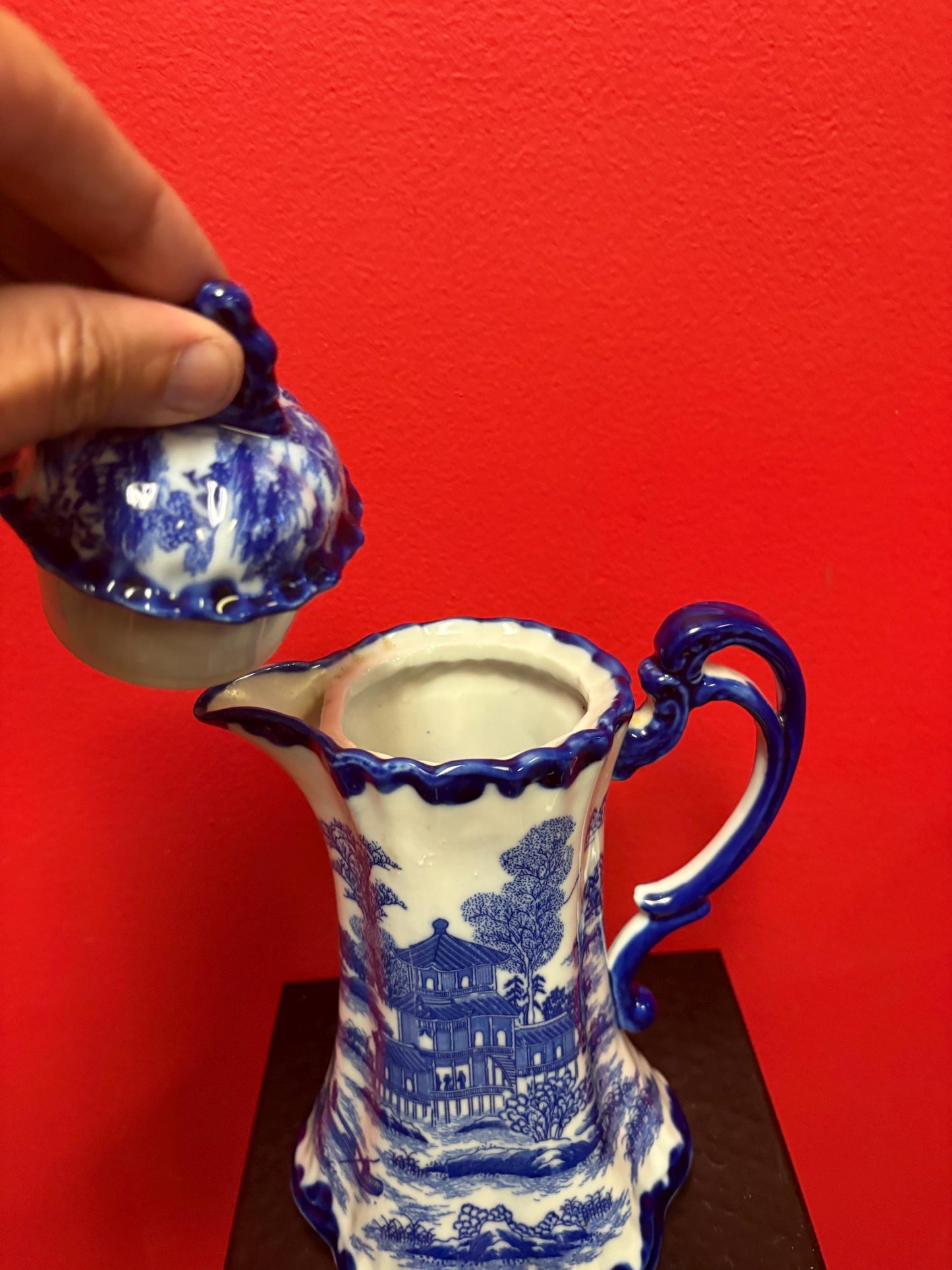 beautiful  antique Japanese 9 1/2 inch tall, blue and white coffee or hot chocolate pot  wonderful imagery and great value