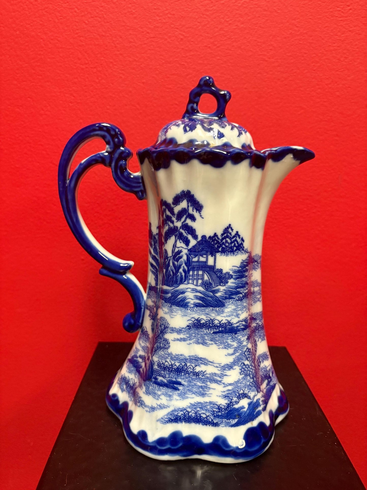 beautiful  antique Japanese 9 1/2 inch tall, blue and white coffee or hot chocolate pot  wonderful imagery and great value