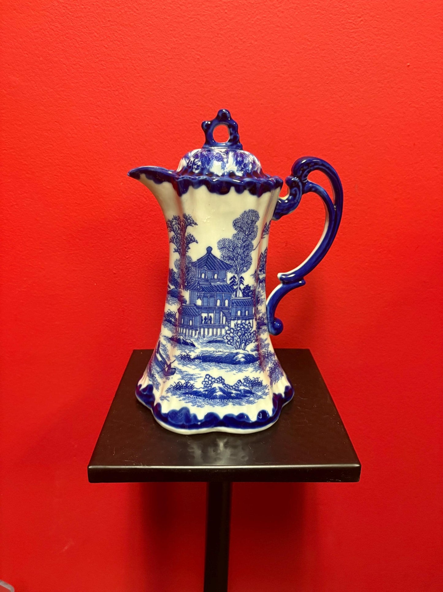 beautiful  antique Japanese 9 1/2 inch tall, blue and white coffee or hot chocolate pot  wonderful imagery and great value