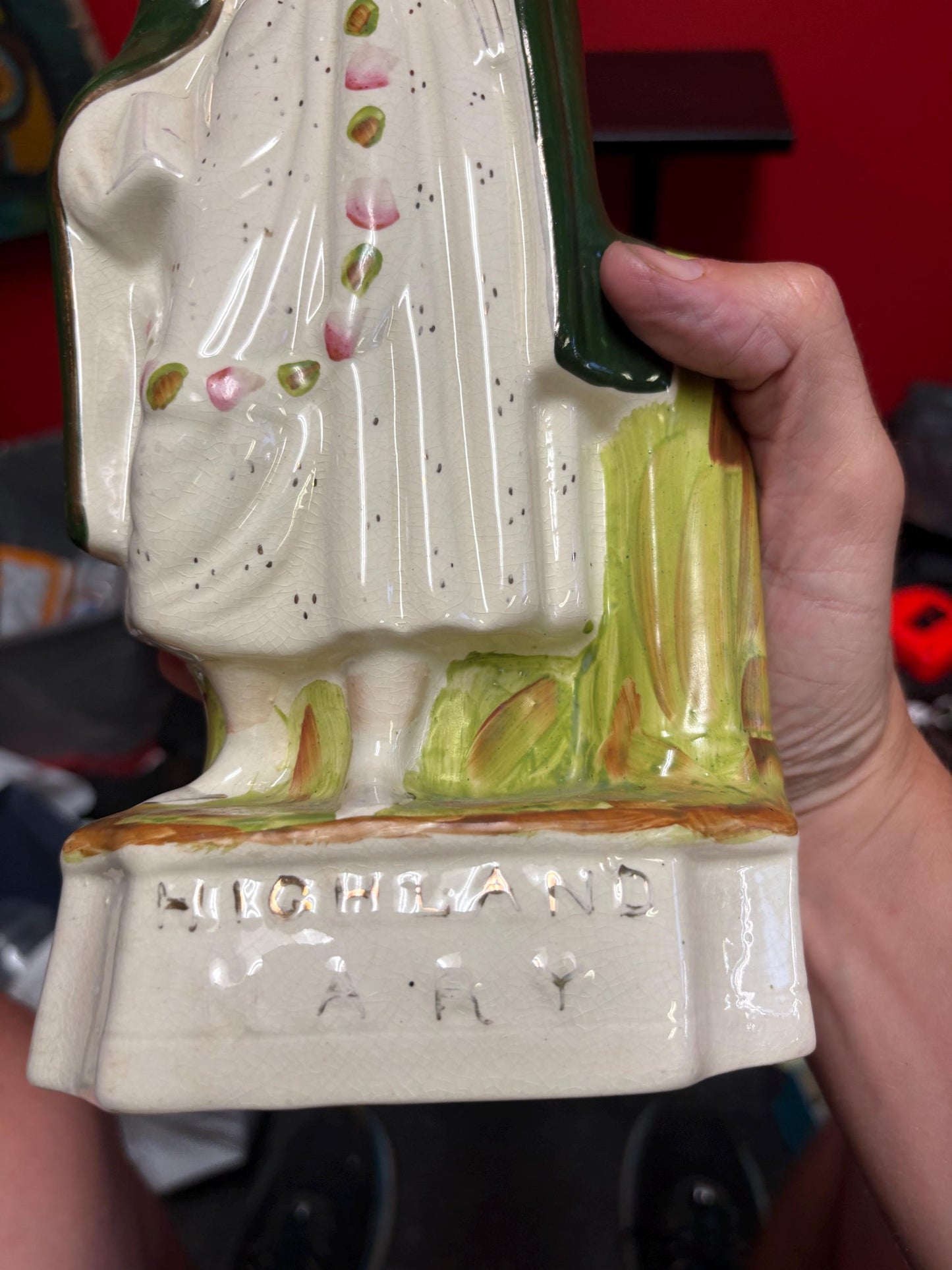 Lovely antique 13 inch tall Staffordshire highland Mary  figure with faint crack on the back  placed according lovely imagery