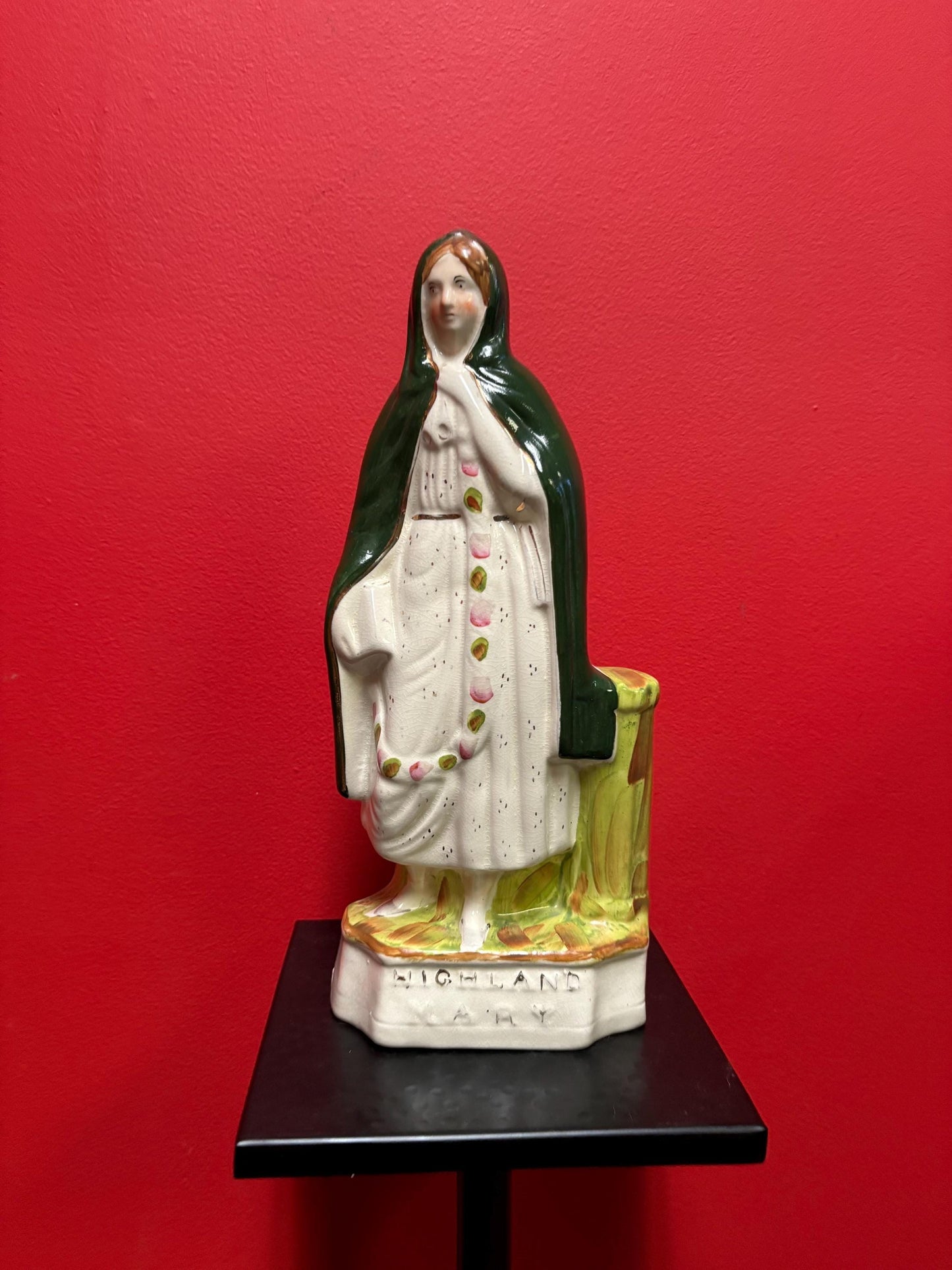 Lovely antique 13 inch tall Staffordshire highland Mary  figure with faint crack on the back  placed according lovely imagery