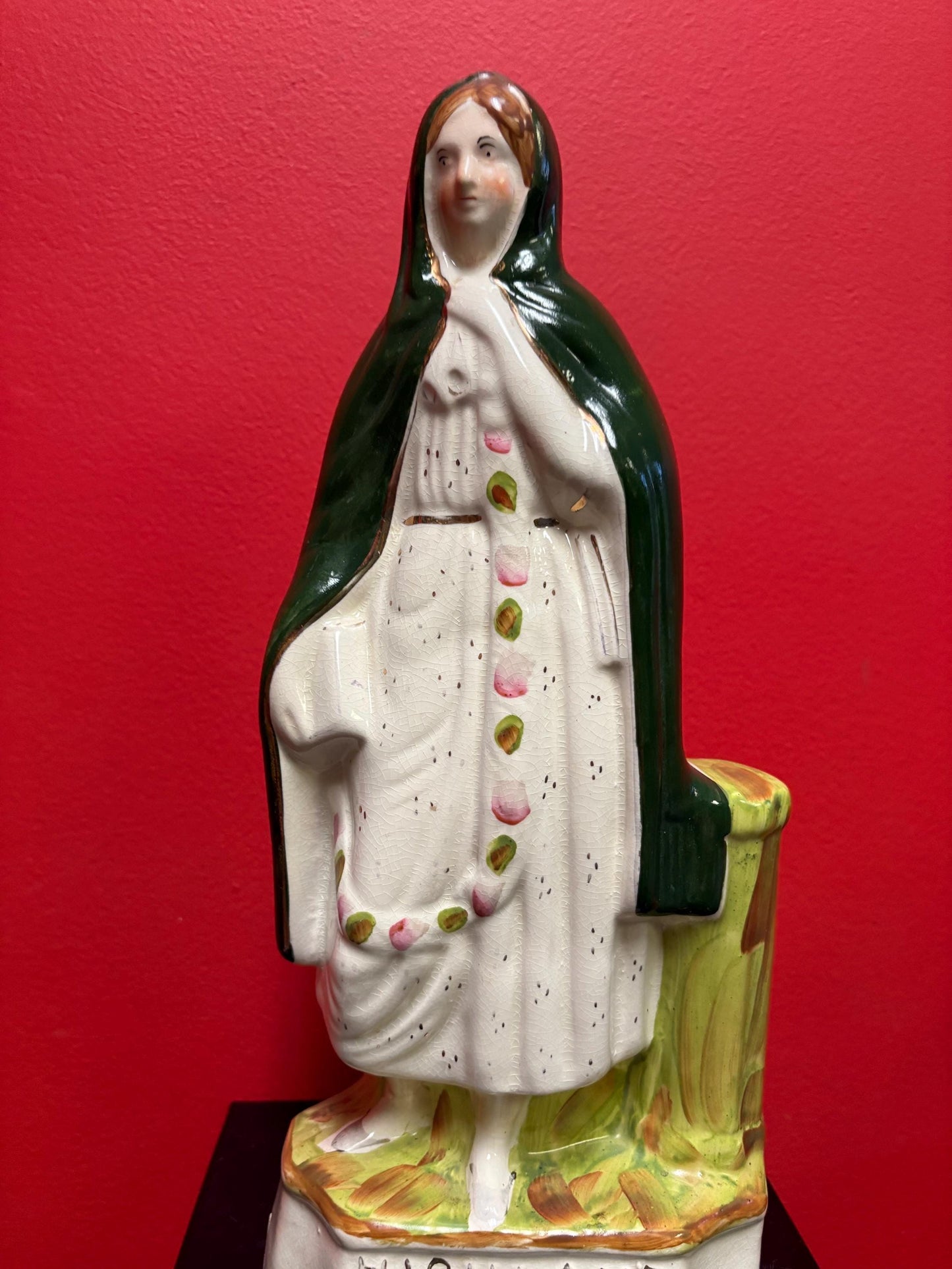 Lovely antique 13 inch tall Staffordshire highland Mary  figure with faint crack on the back  placed according lovely imagery