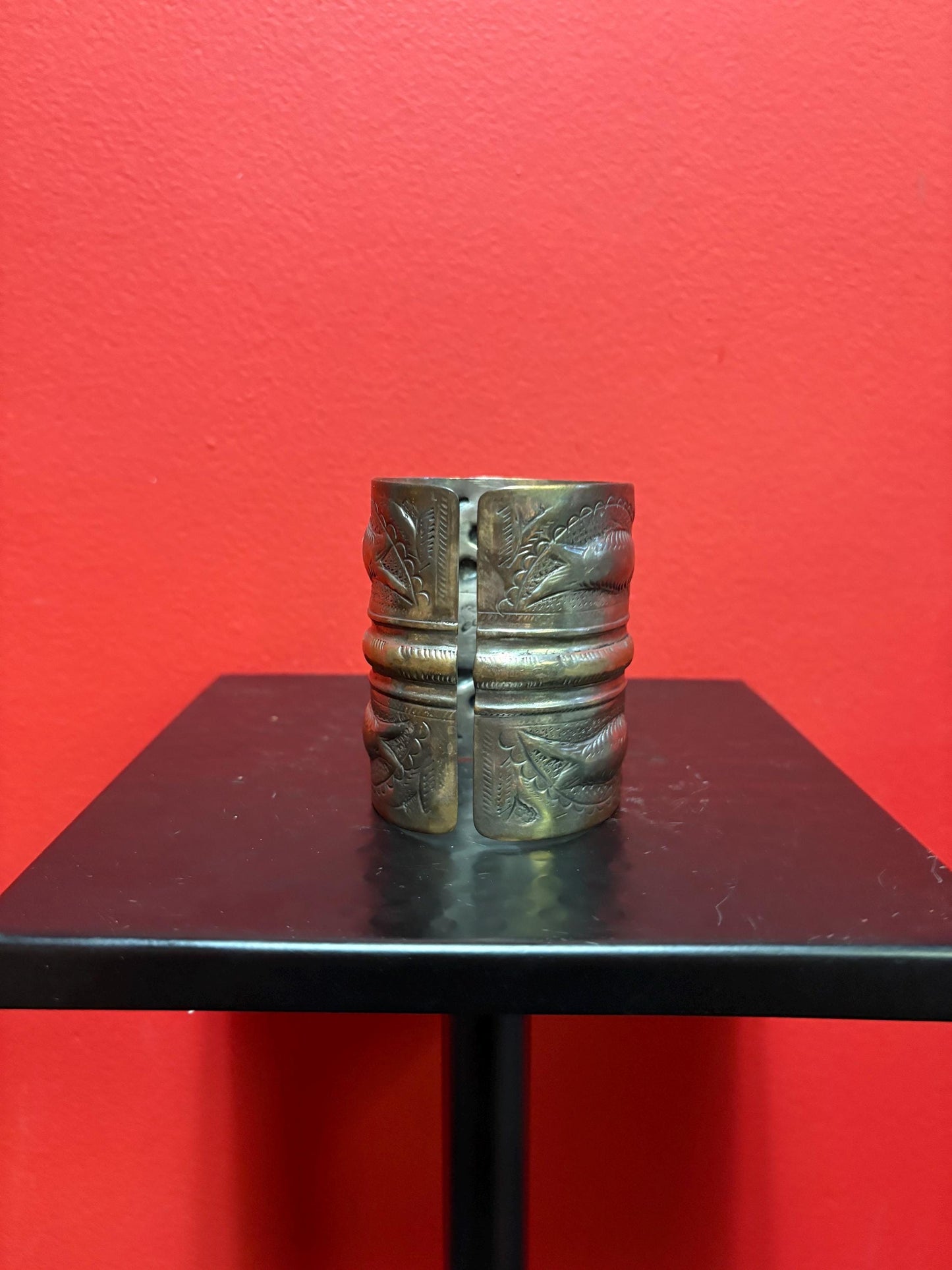 Unusual 3 x 2 1/2 wide massive antique silver plated and brass Cuff cool imagery and perfect gift  unisex