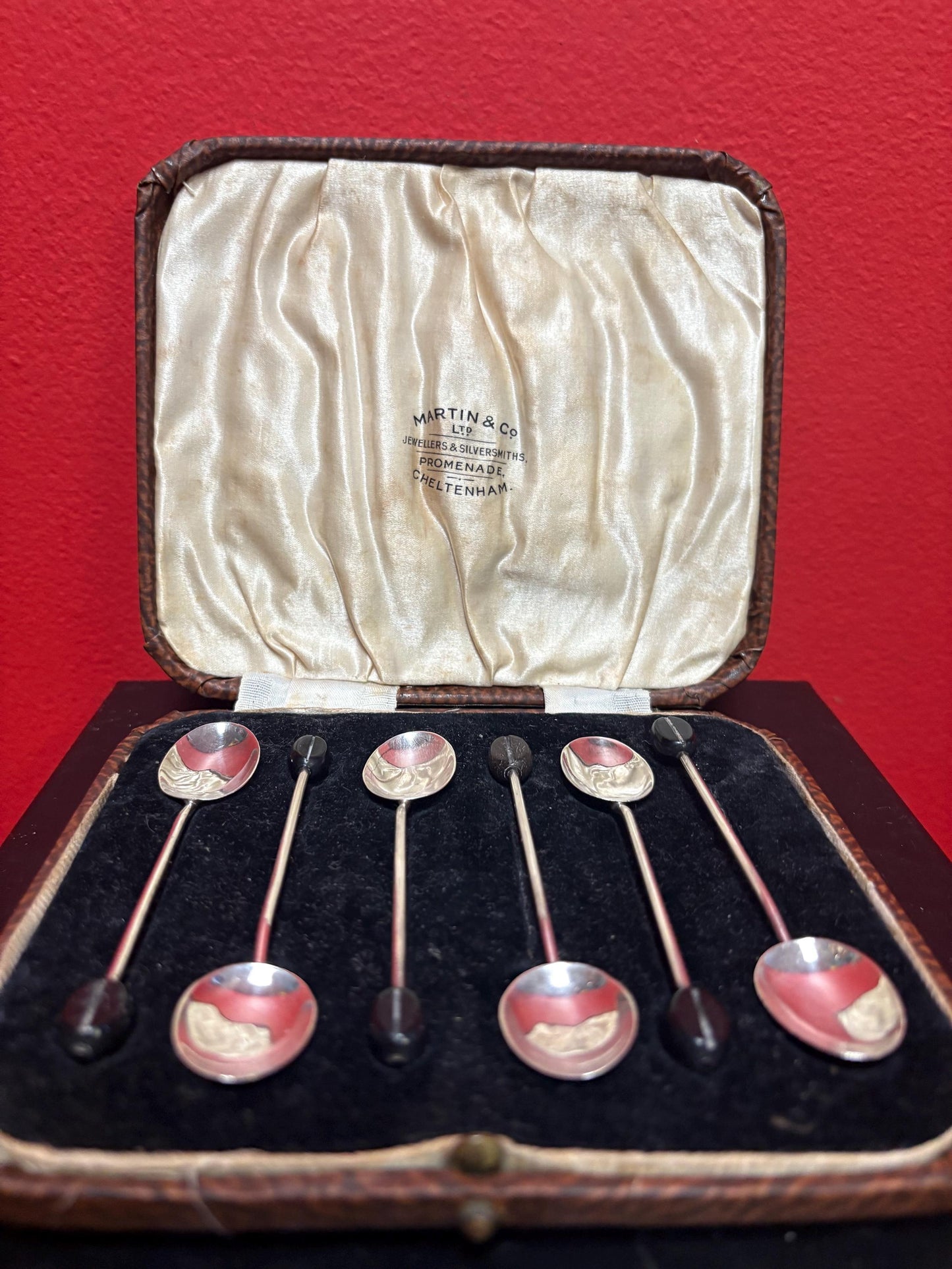 stunning English sterling coffee spoons with coffee bean knobs in original box  Hallmark early 1900s  great gift  great value