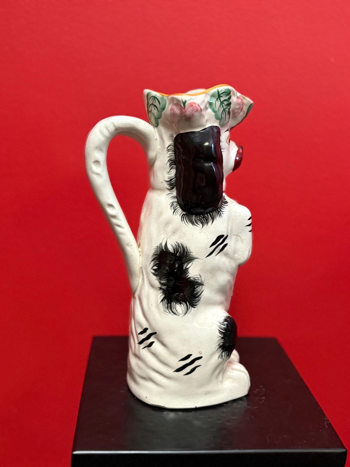 Wonderful Staffordshire rare 9.75 inch tall King Charles spaniel jug  1850s to 1870s  perfect condition  wow