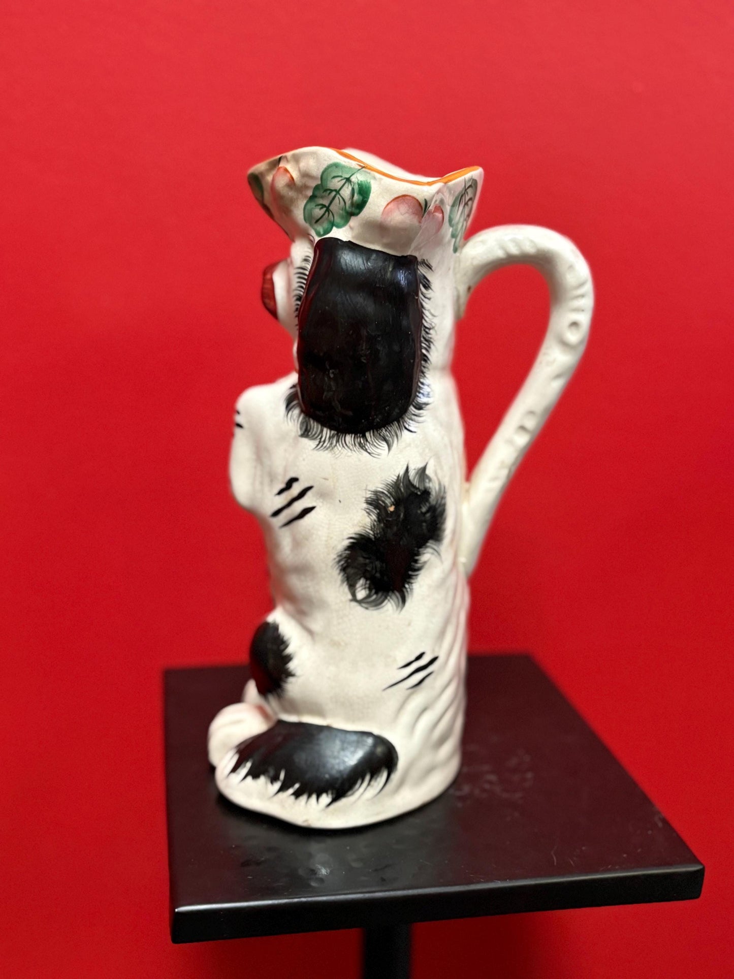 Wonderful Staffordshire rare 9.75 inch tall King Charles spaniel jug  1850s to 1870s  perfect condition  wow