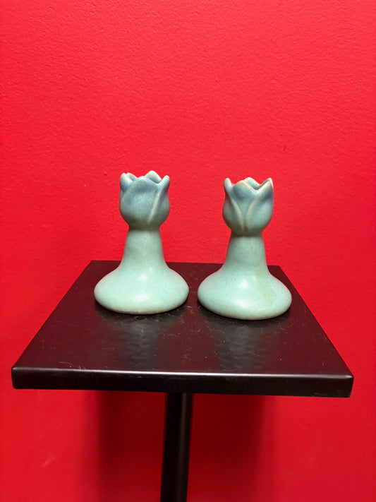 Pair of beautiful vintage VAN BRIGGLE Colorado Springs American pottery, turquoise vases or candlesticks - 4 inches high
