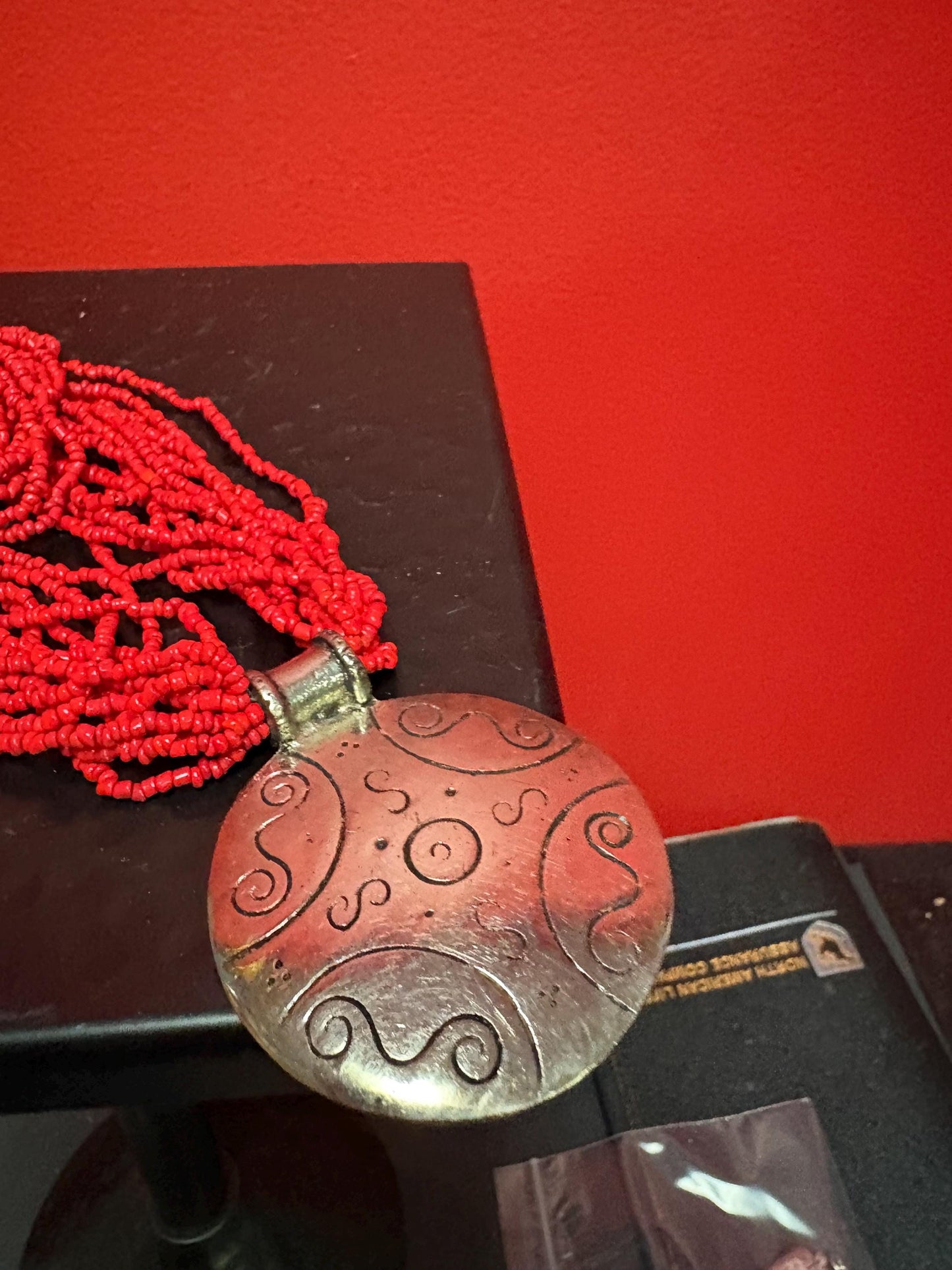 Stunning coral necklace with amazing Arabic style pendant— necklace 25 inches approximately and pendant 2 1/2 inches — great look