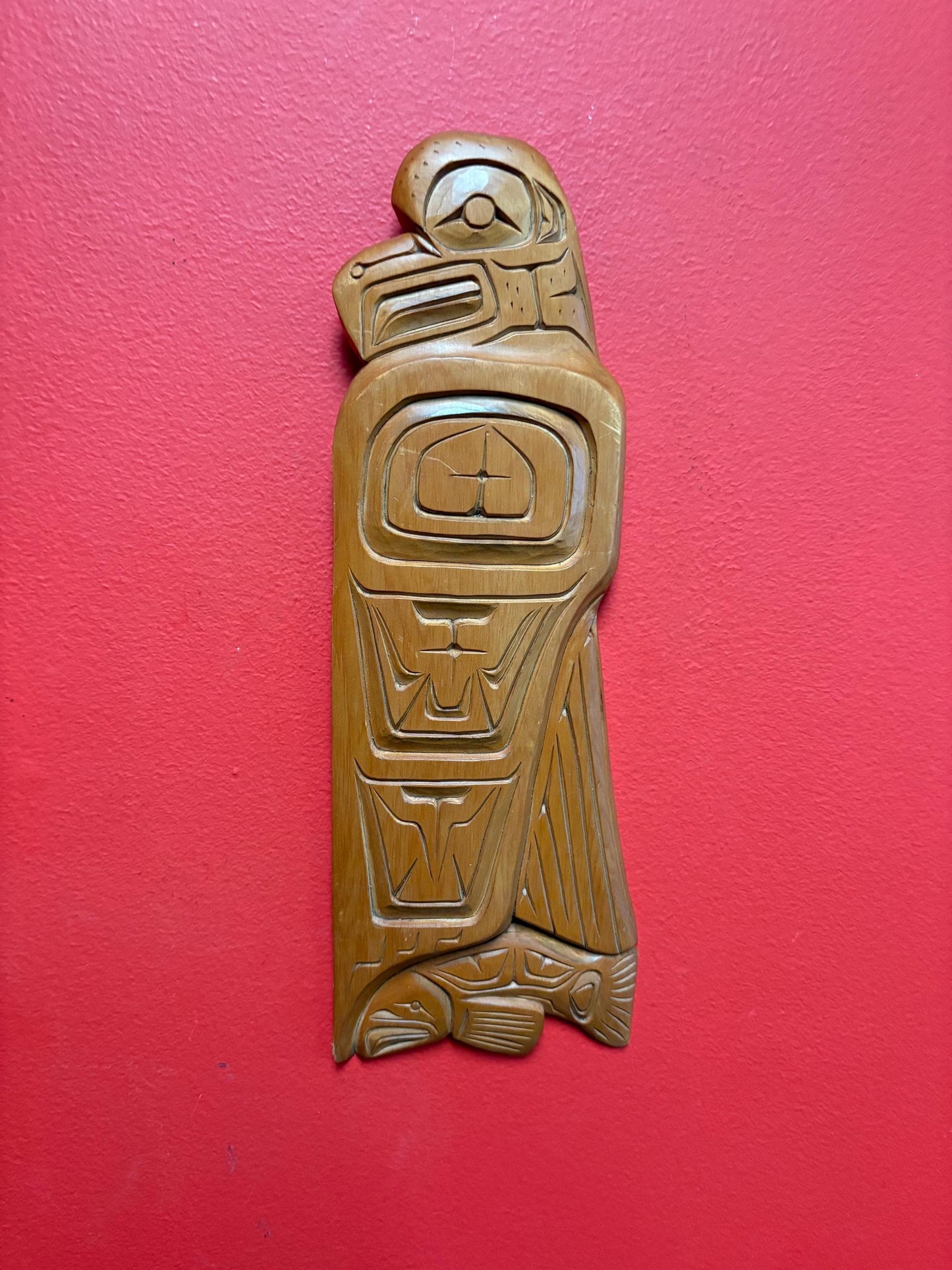 Nice quality indigenous first nations Pacific West Coast signed Cedar plaque of an eagle and salmon- 13 x 4 wide  great value