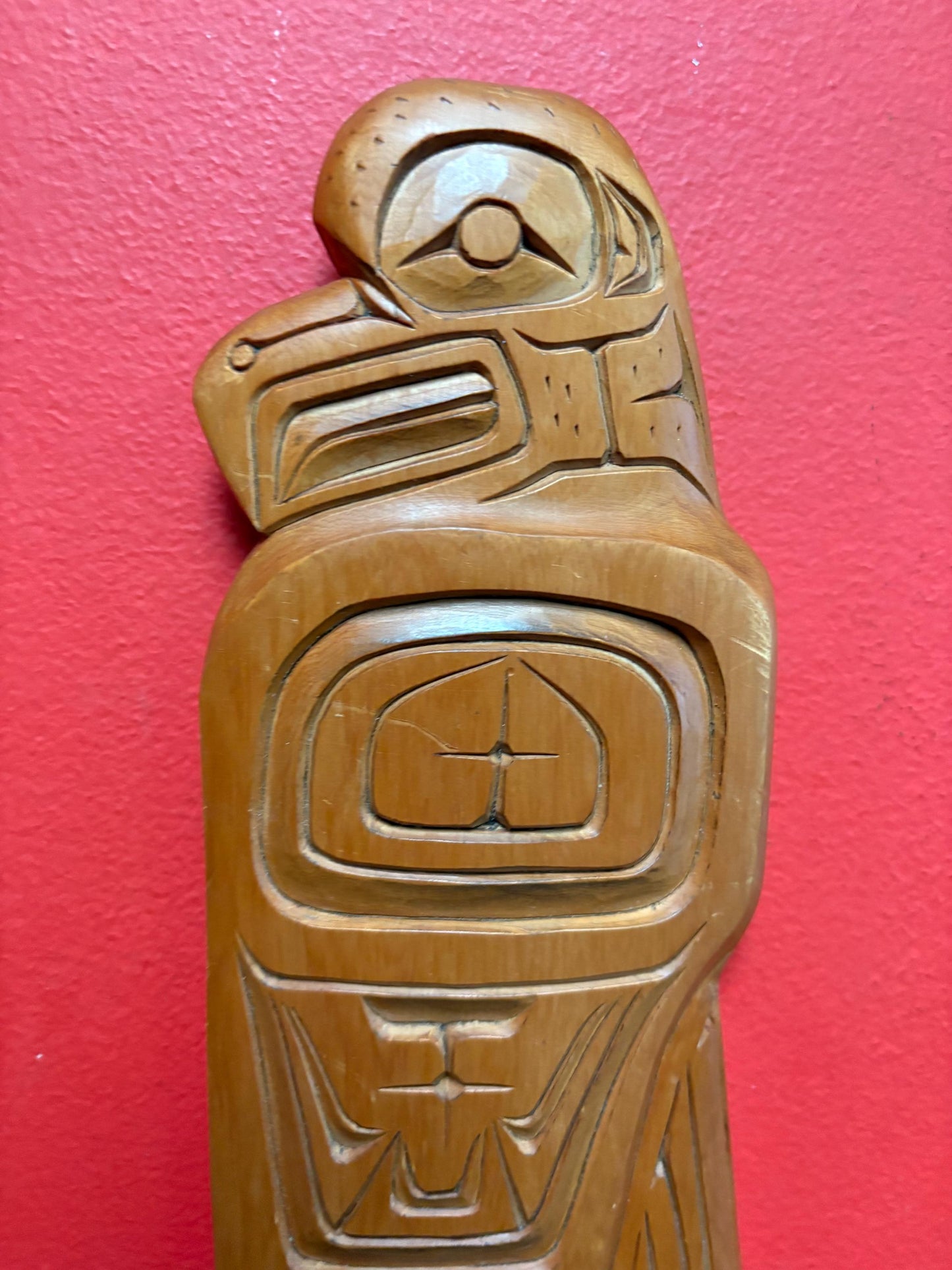 Nice quality indigenous first nations Pacific West Coast signed Cedar plaque of an eagle and salmon- 13 x 4 wide  great value